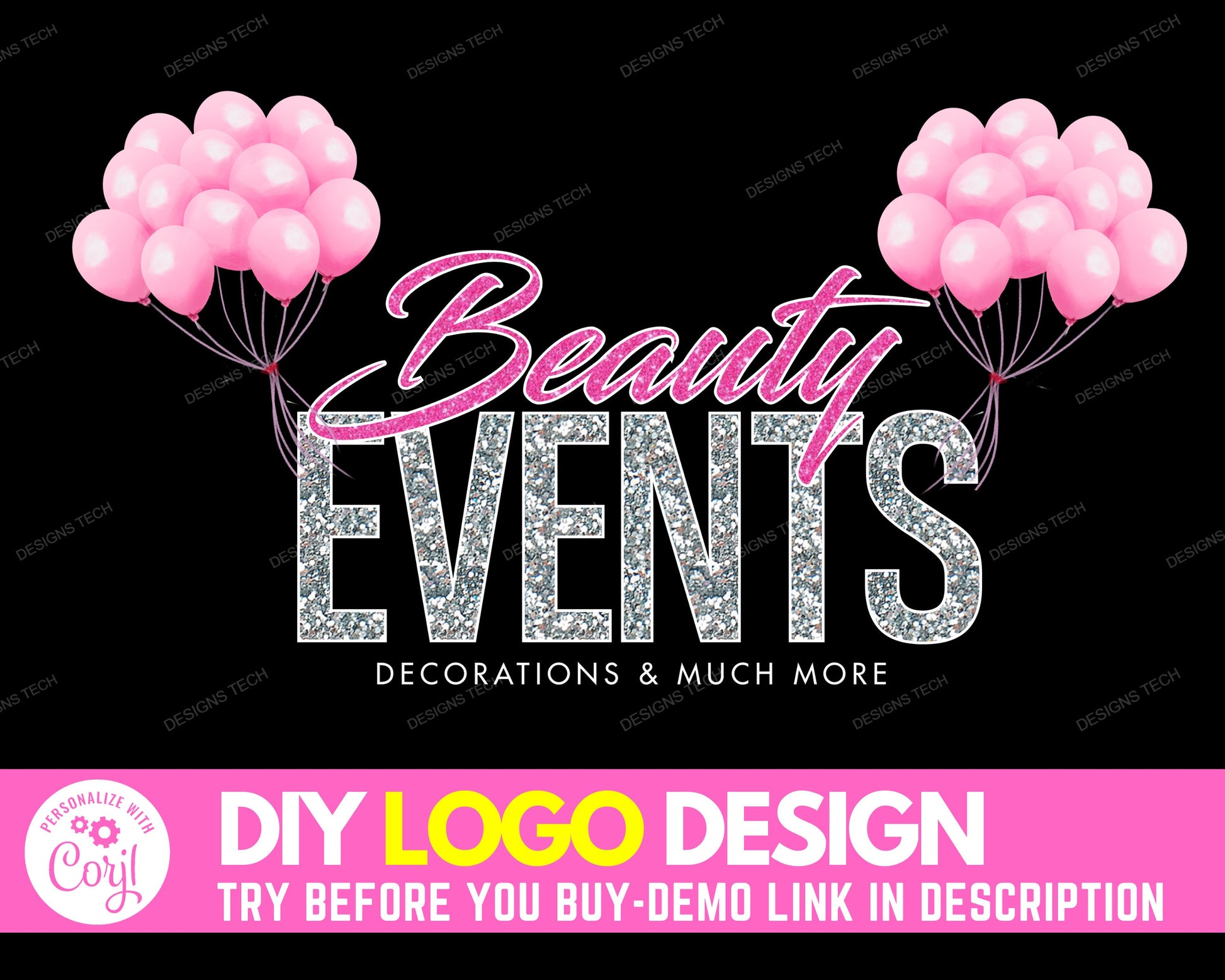 DIY Event Planner Logo, Edit Yourself Balloons Logo, Pink Balloon Logo, Wedding Logo, Party Decoration Planner Logo, Decorator Logo