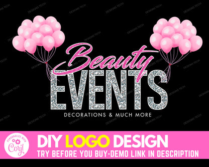 DIY Event Planner Logo, Edit Yourself Balloons Logo, Pink Balloon Logo, Wedding Logo, Party Decoration Planner Logo, Decorator Logo