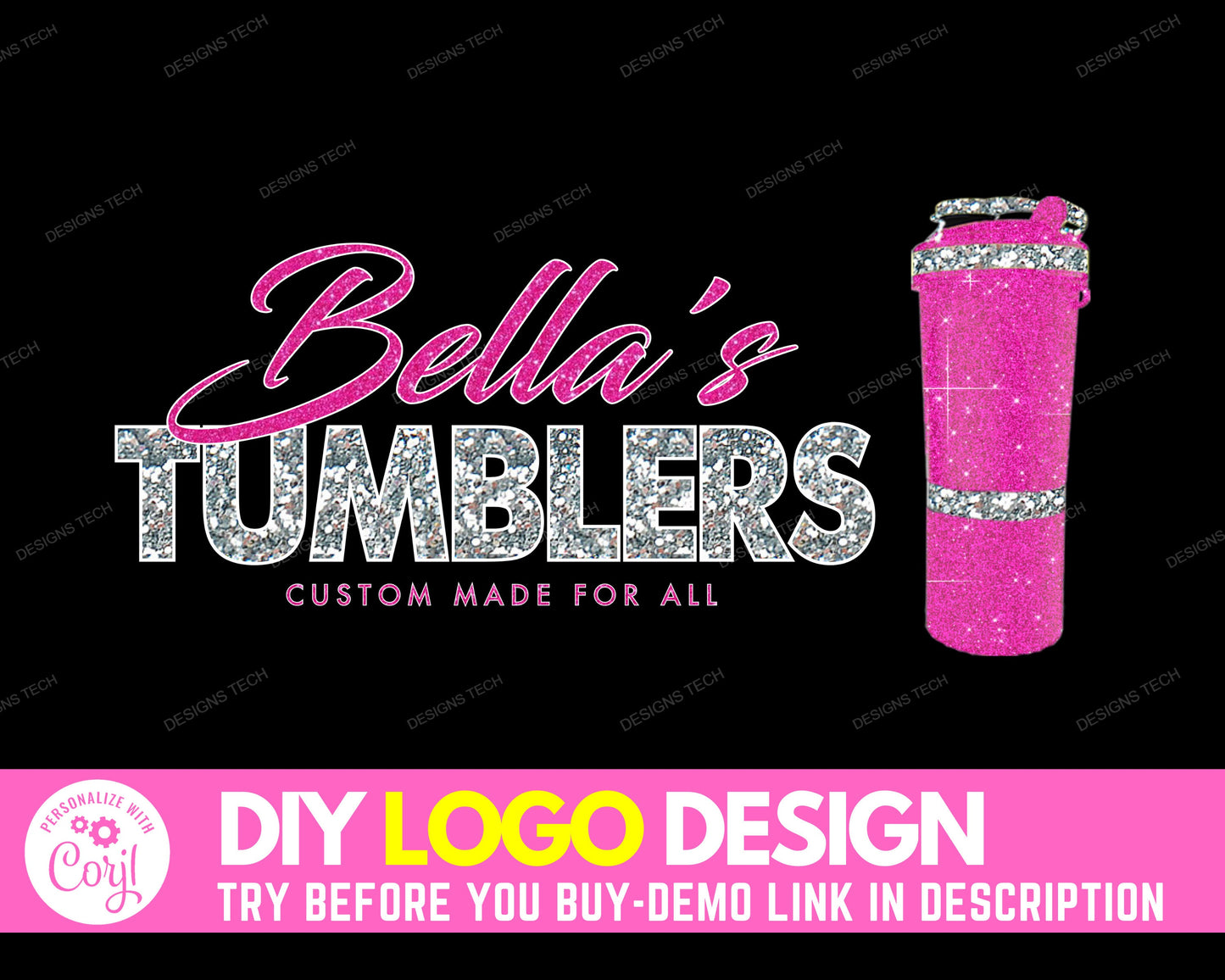 diy tumbler logo, edit yourself crafting logo, tumbler designer logo, cup maker logo, glitter logo, bar logo, premade business logo template