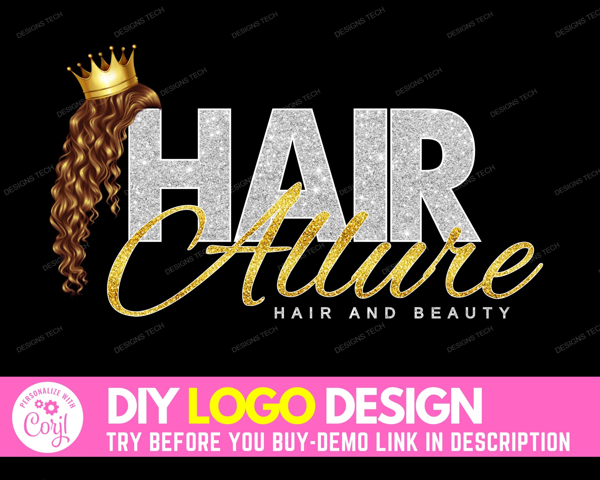 DIY Hair Logo, Hair Bundles Logo, Hair Extensions Logo, Makeup Logo, Brown And Gold Hair Logo, Beauty Logo, Wigs Logo, Hair Business Logo