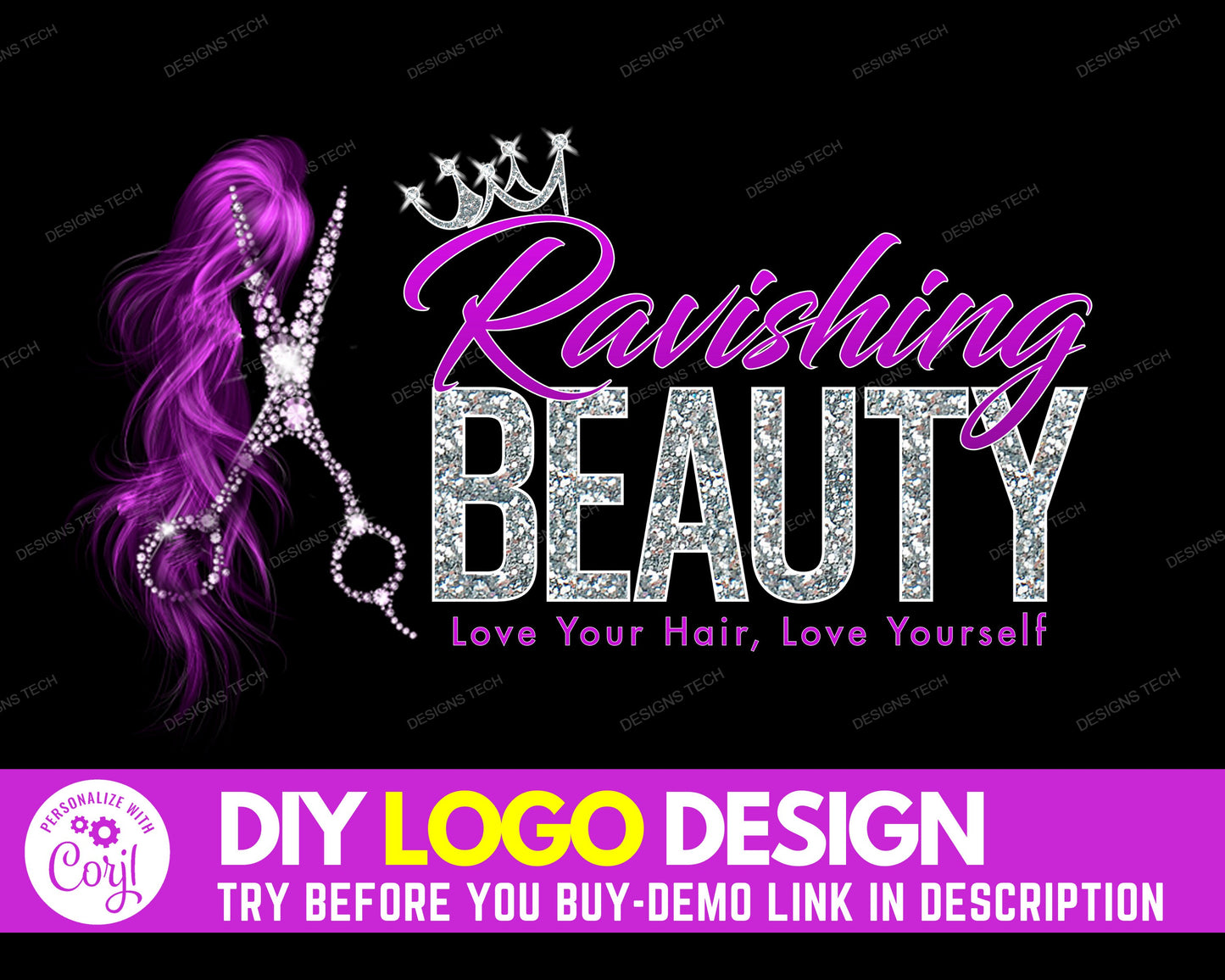 diy hair logo, edit yourself beauty logo, hair extensions logo, hair bundles logo, purple hair salon logo, wigs logo, premade logo template