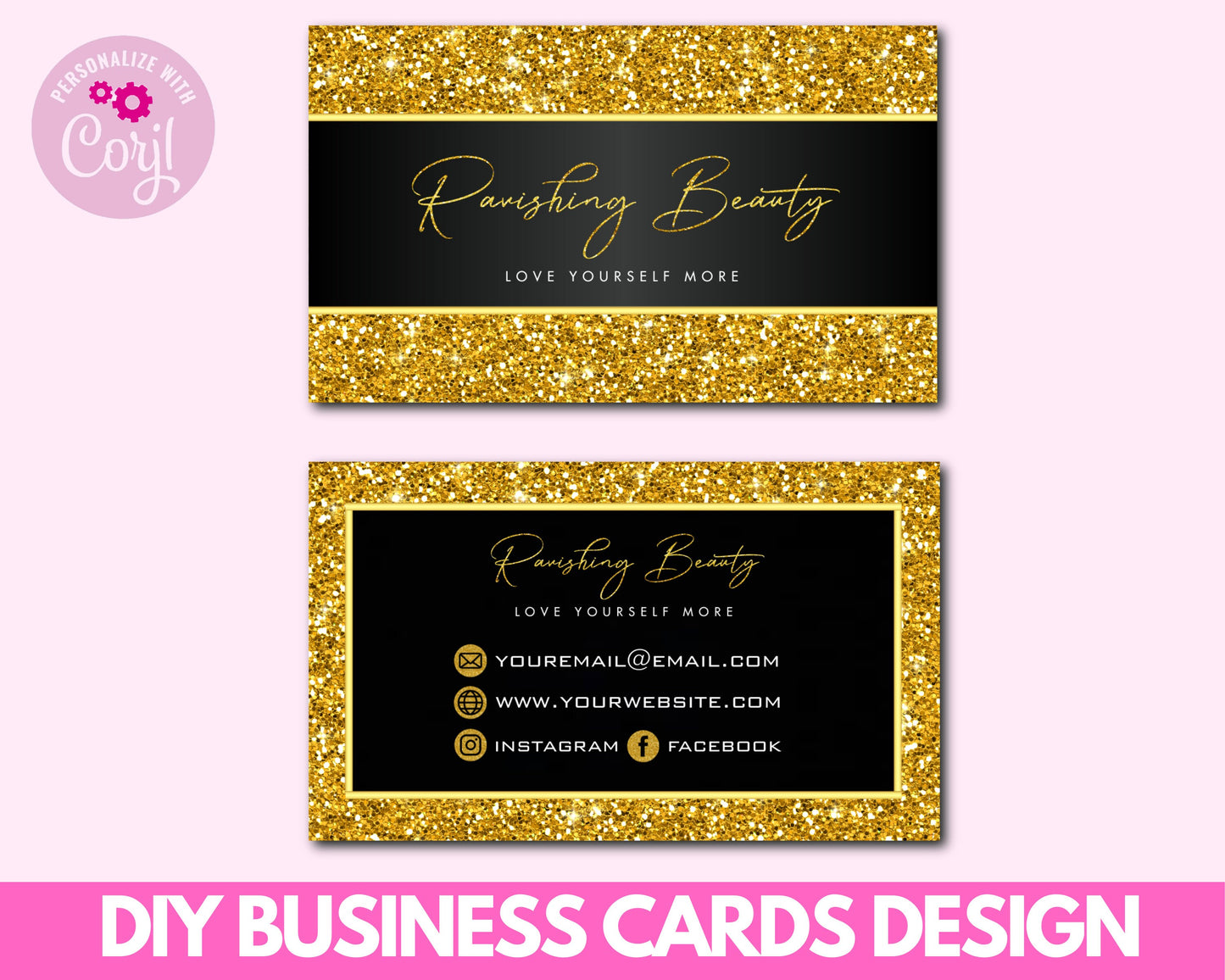 diy business cards, business card templates, business card design, beauty brand cards, gold glitter business cards card design template