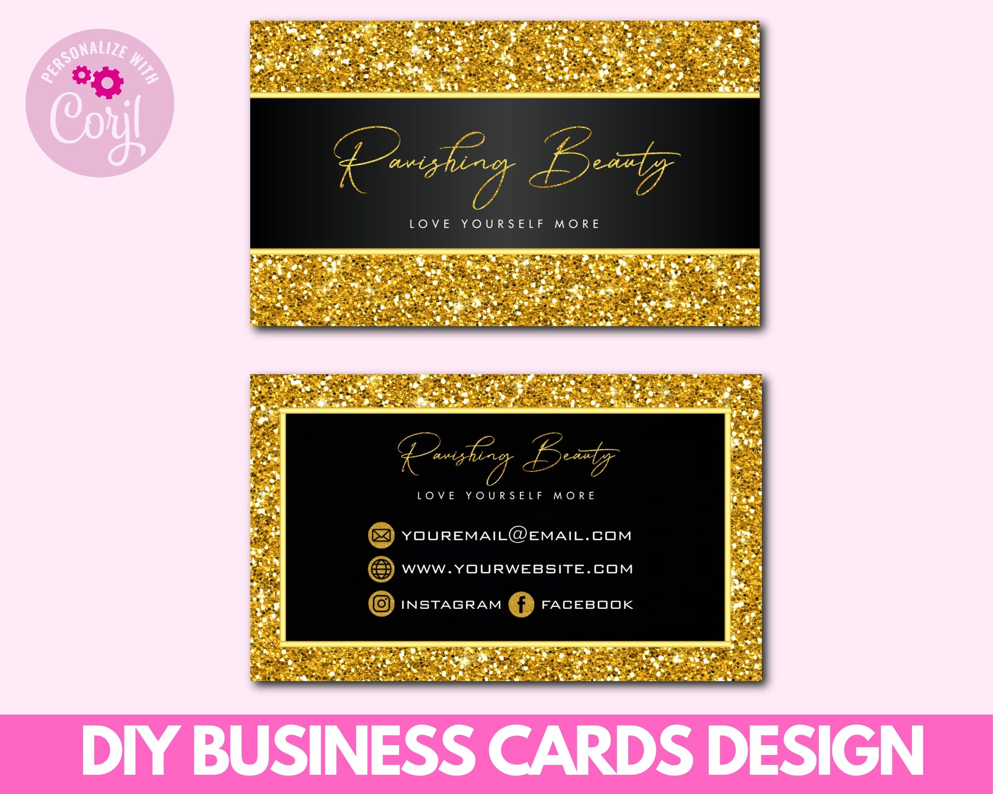 DIY Business Cards, Business Card Templates, Business Card Design, Beauty Brand Cards, Gold Glitter Business Cards Card Design Template