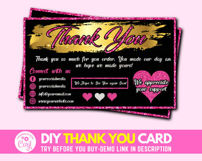 DIY Thank You Card, Thank You For Your Order Cards, Business Thank You Note, Order Thank You Card Template, Premade Marketing Card Design