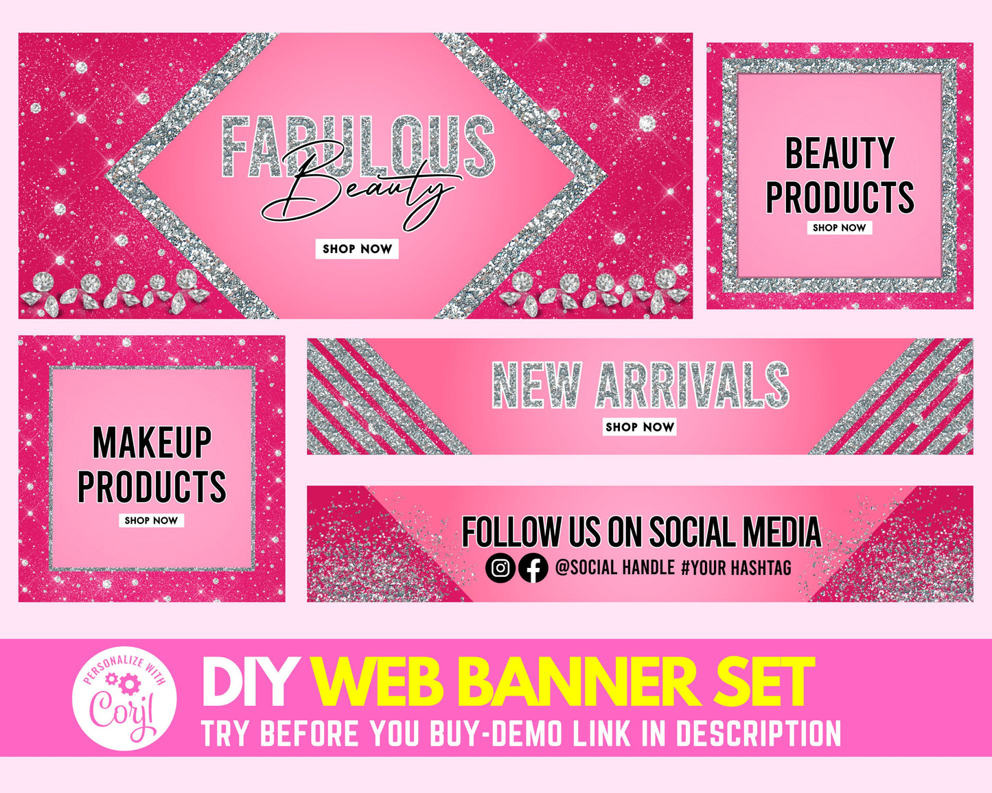 diy web banner, pink beauty boutique web banner, lashes web banner template design, glitter glam web banner, business site banner design