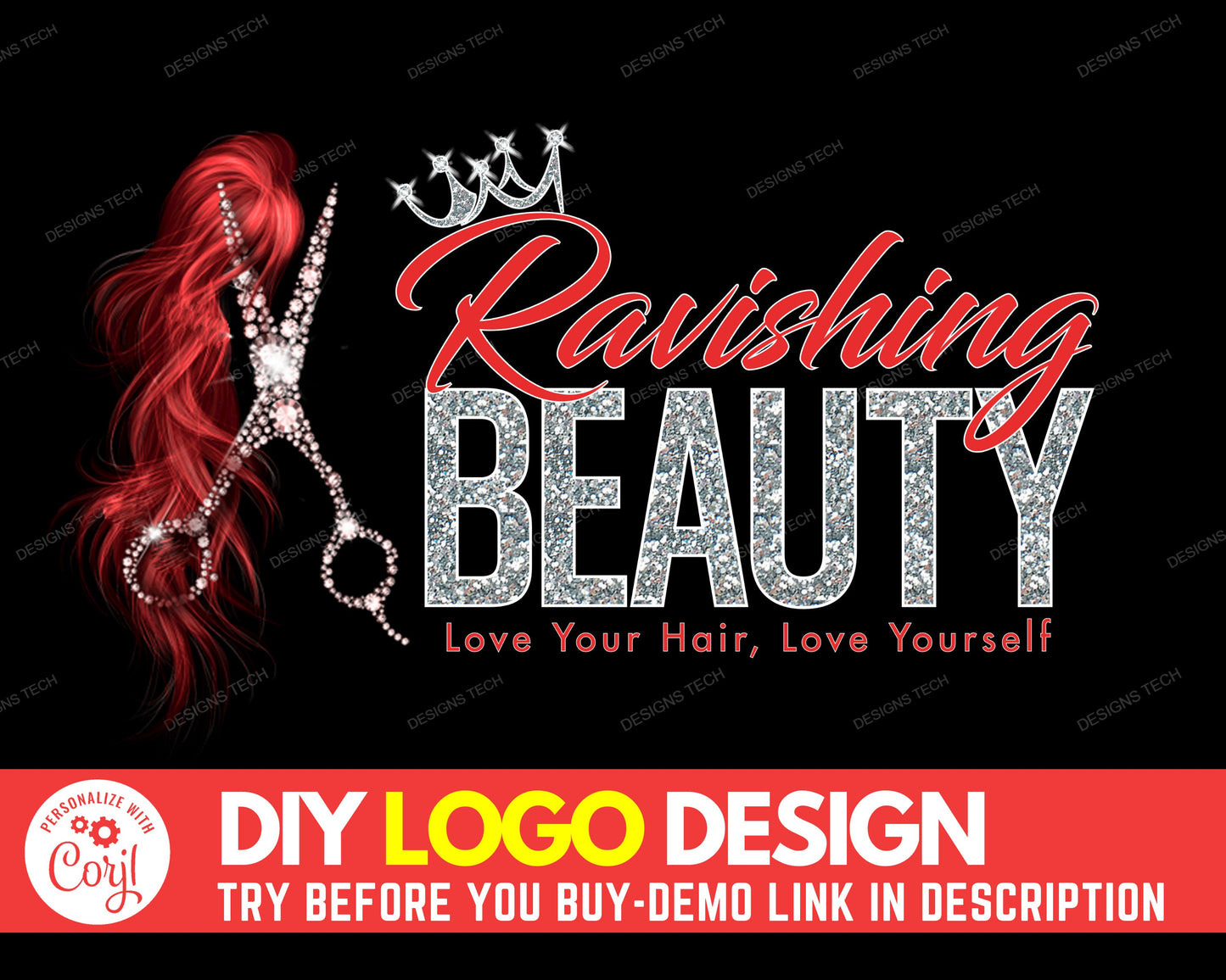 diy hair logo, edit yourself beauty logo, hair extensions logo, hair bundles logo, red hair salon logo, wigs logo, premade logo template