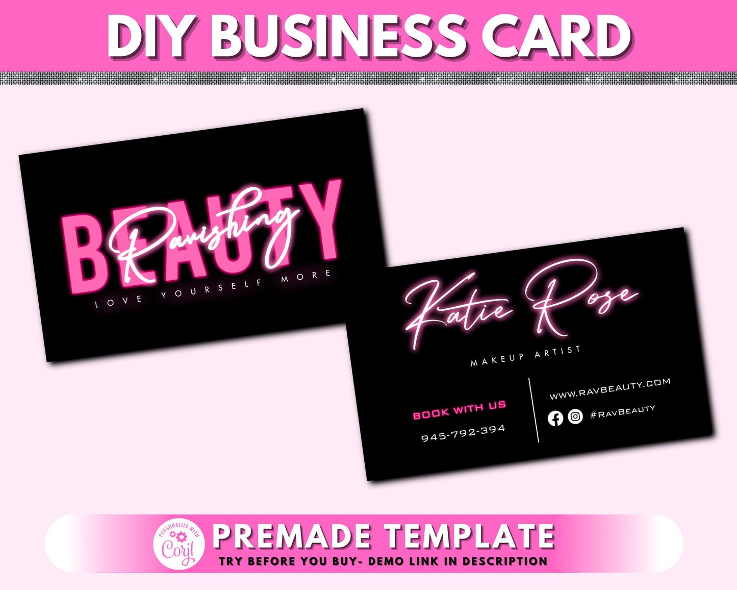 diy business cards, business card design, neon beauty brand cards, card design, lash lashes business card, premade template design