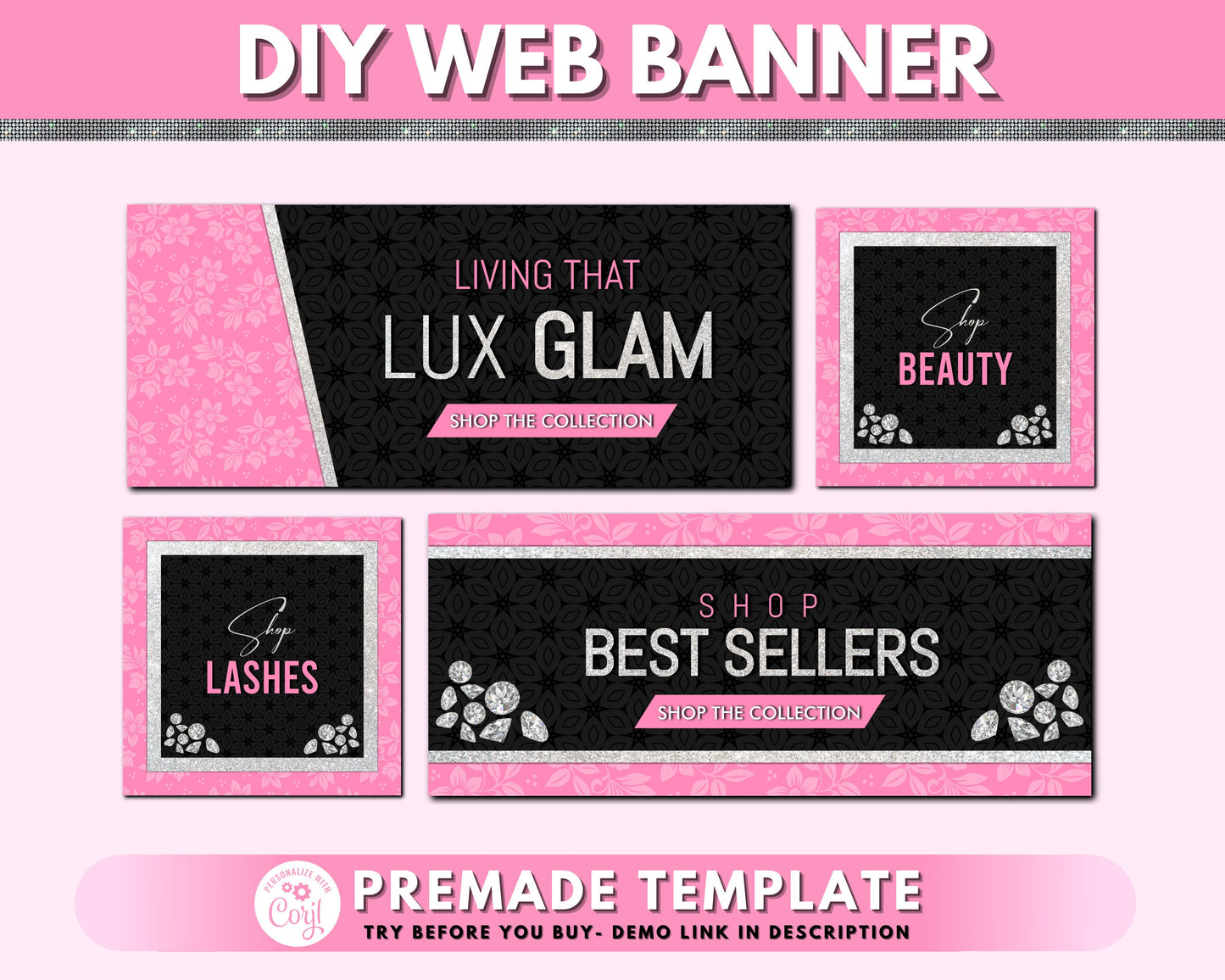 web banner, web banner template, diy lashes web banner design, beauty boutique glitter glam web banner, business site banner design