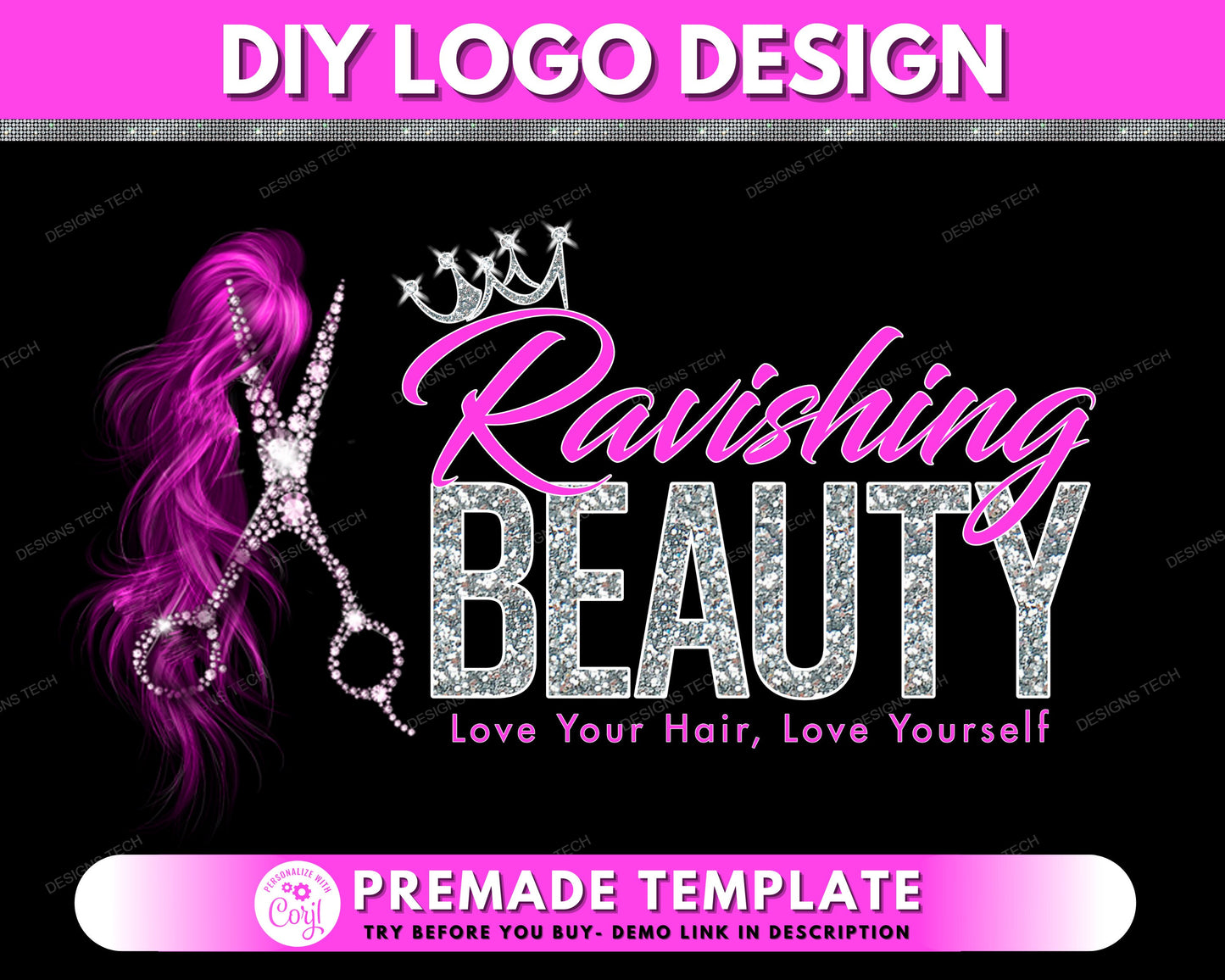 diy hair logo, edit yourself beauty logo, hair extensions logo, hair bundles logo, red hair salon logo, wigs logo, premade logo template