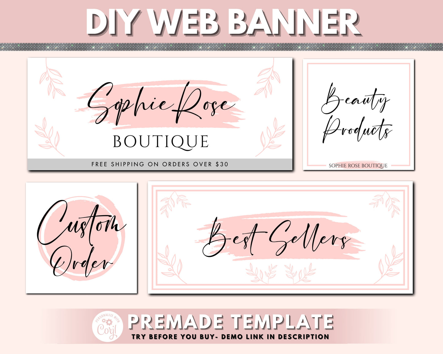 web banner, web banner template, diy rose gold feminine web banner design, watercolor banner, beauty boutique, business site banner design