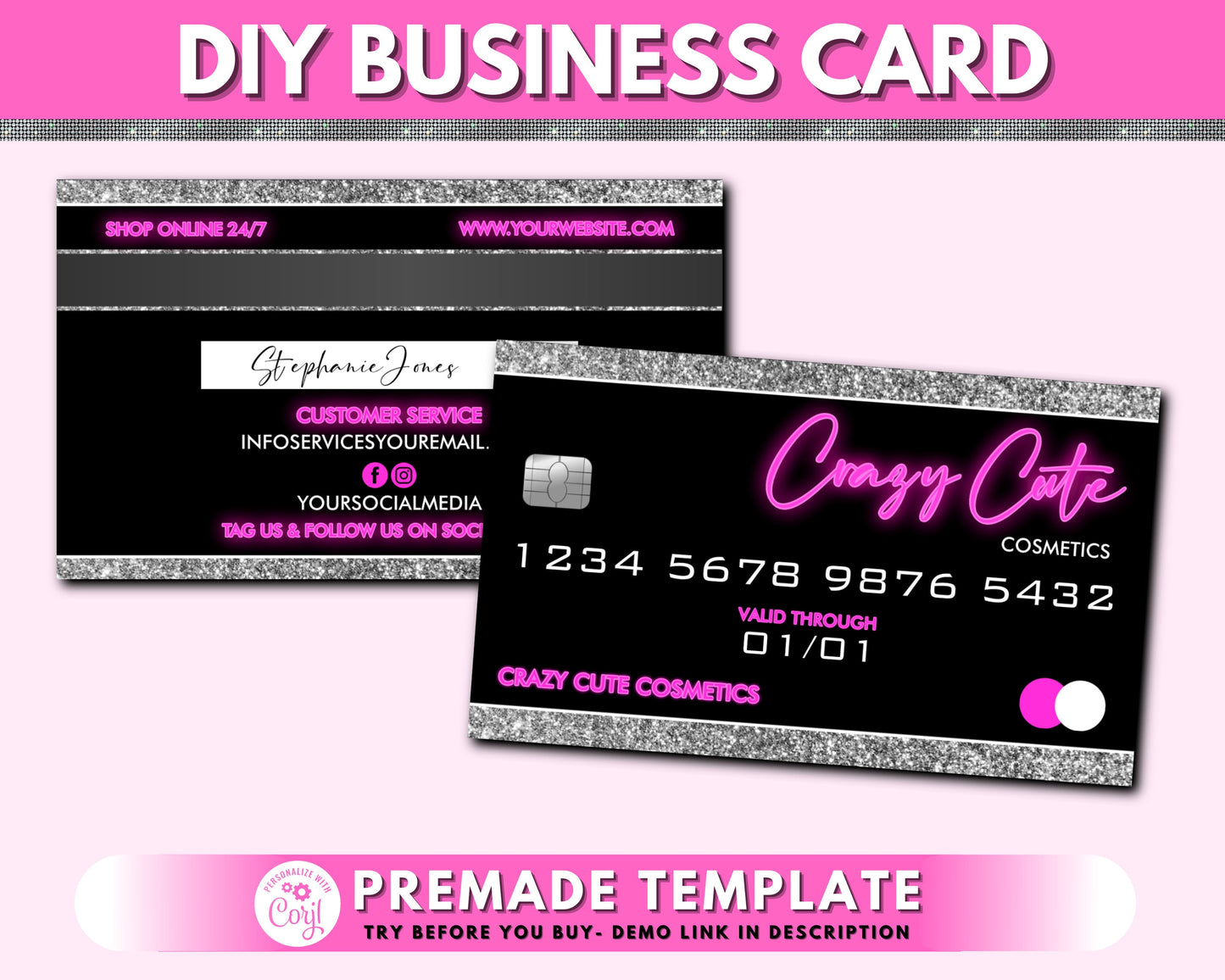 diy credit card business cards, business card design, neon beauty brand cards, card design, premade template design