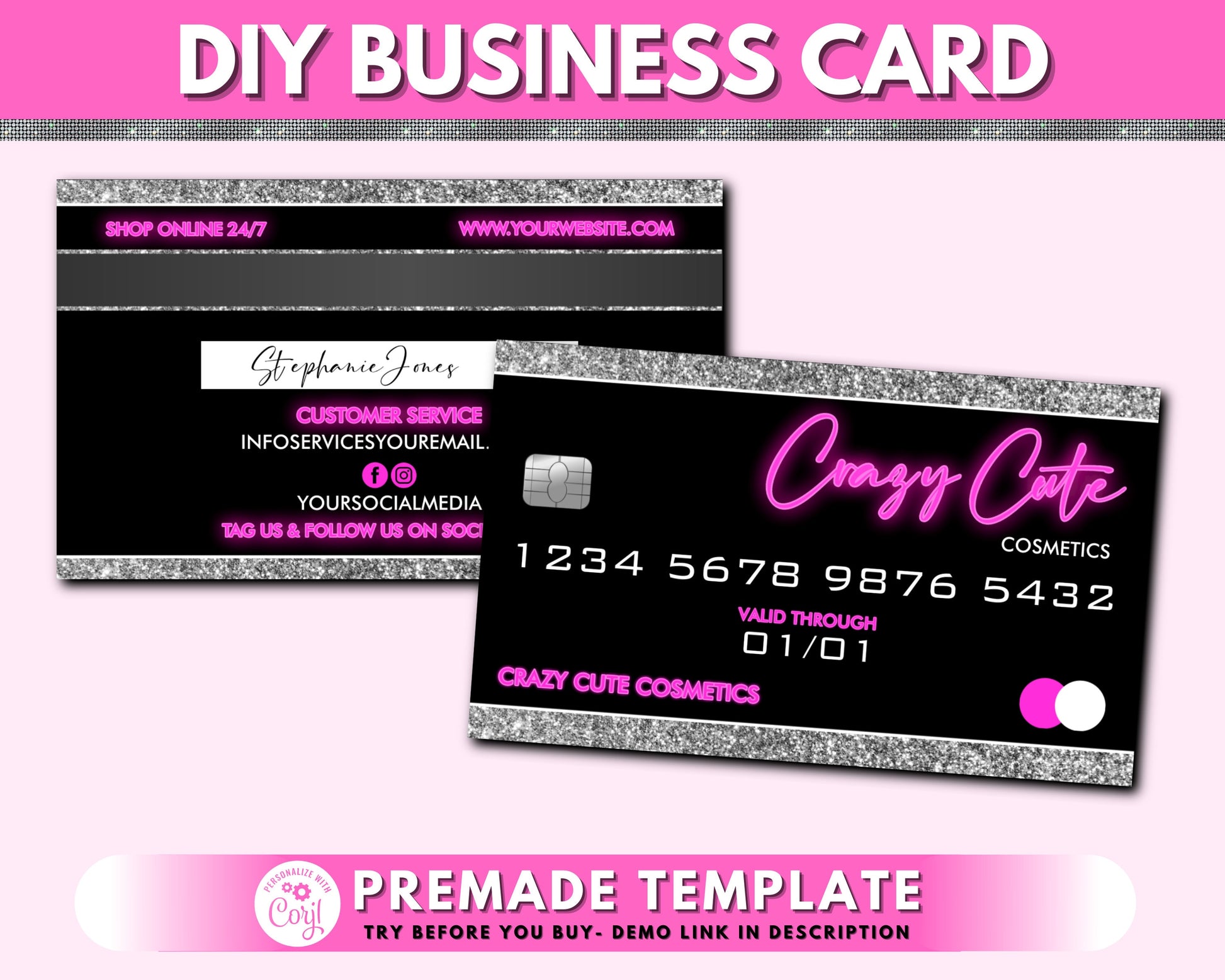 DIY Credit Card Business Cards, Business Card Design, Neon Beauty Brand Cards, Card Design, Premade Template Design