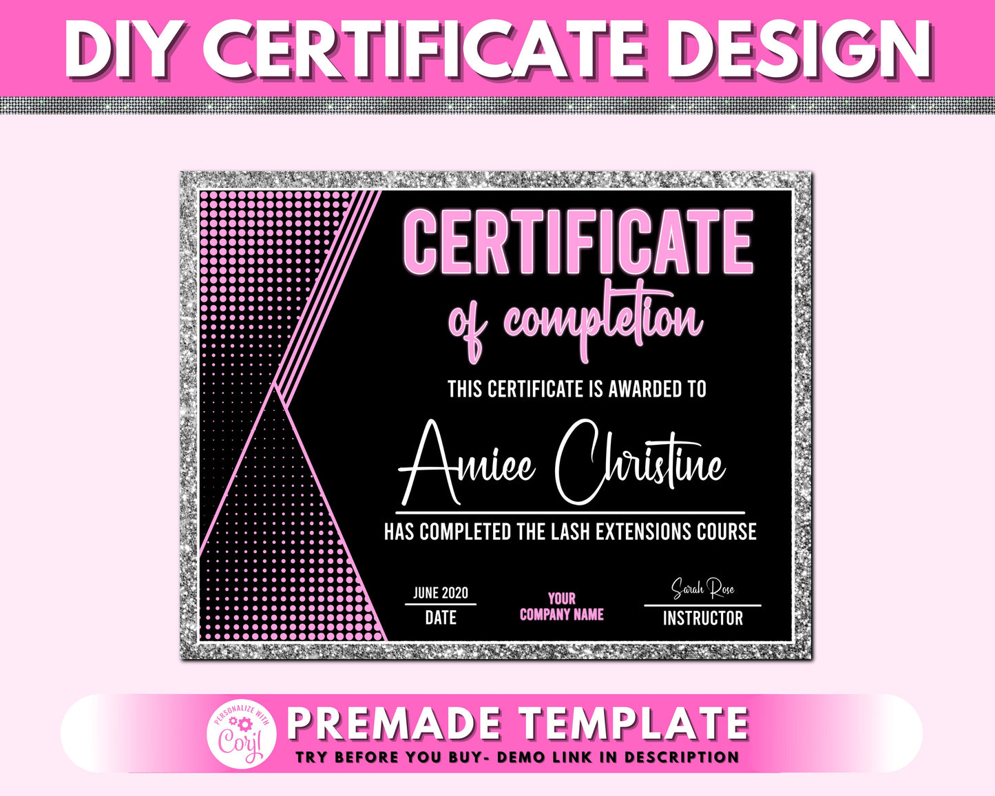 diy certificate of completion template, lash training certificate, printable beauty course certificate, premade completing award certificate