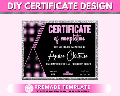 DIY Certificate of Completion Template, Lash Training Certificate, Printable Beauty Course Certificate, Premade Completing Award Certificate