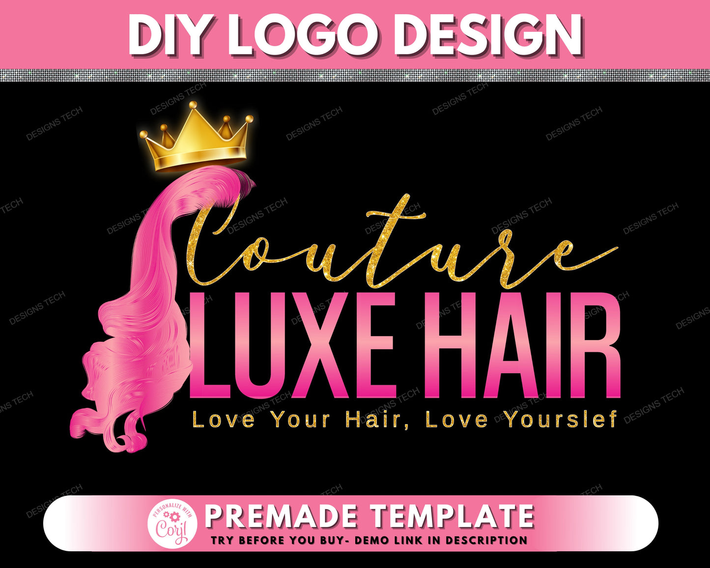 diy hair logo, edit yourself beauty logo, hair extensions logo, hair bundles logo, pink hair salon logo, wigs logo, premade logo template