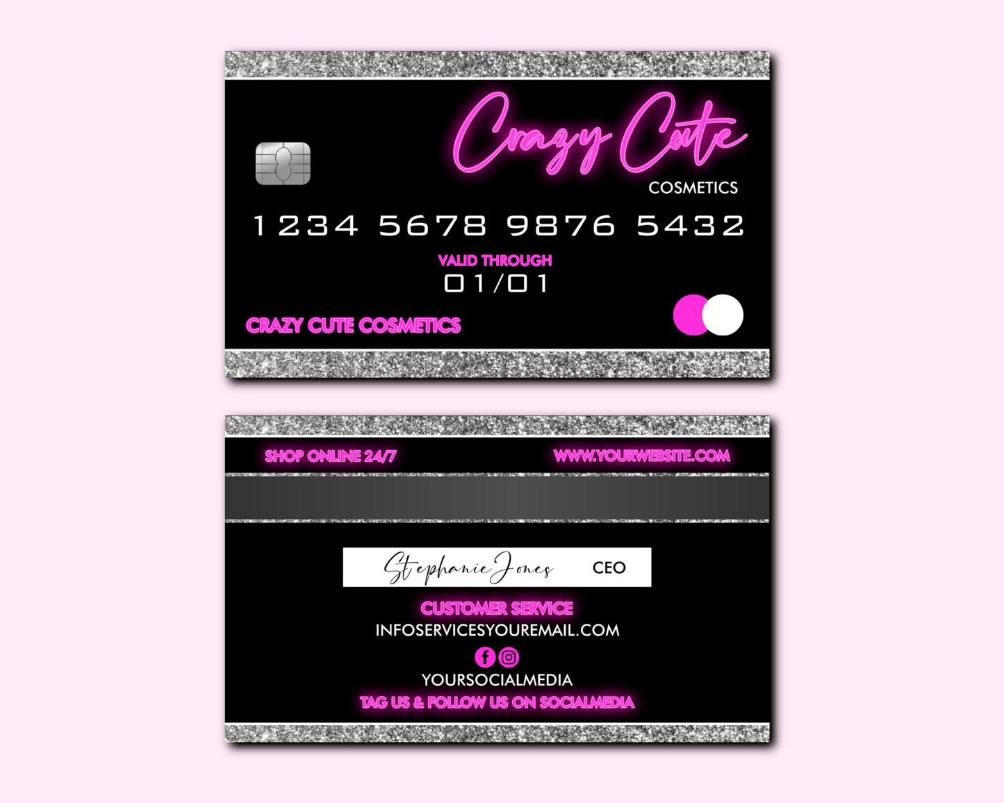 diy credit card business cards, business card design, neon beauty brand cards, card design, premade template design