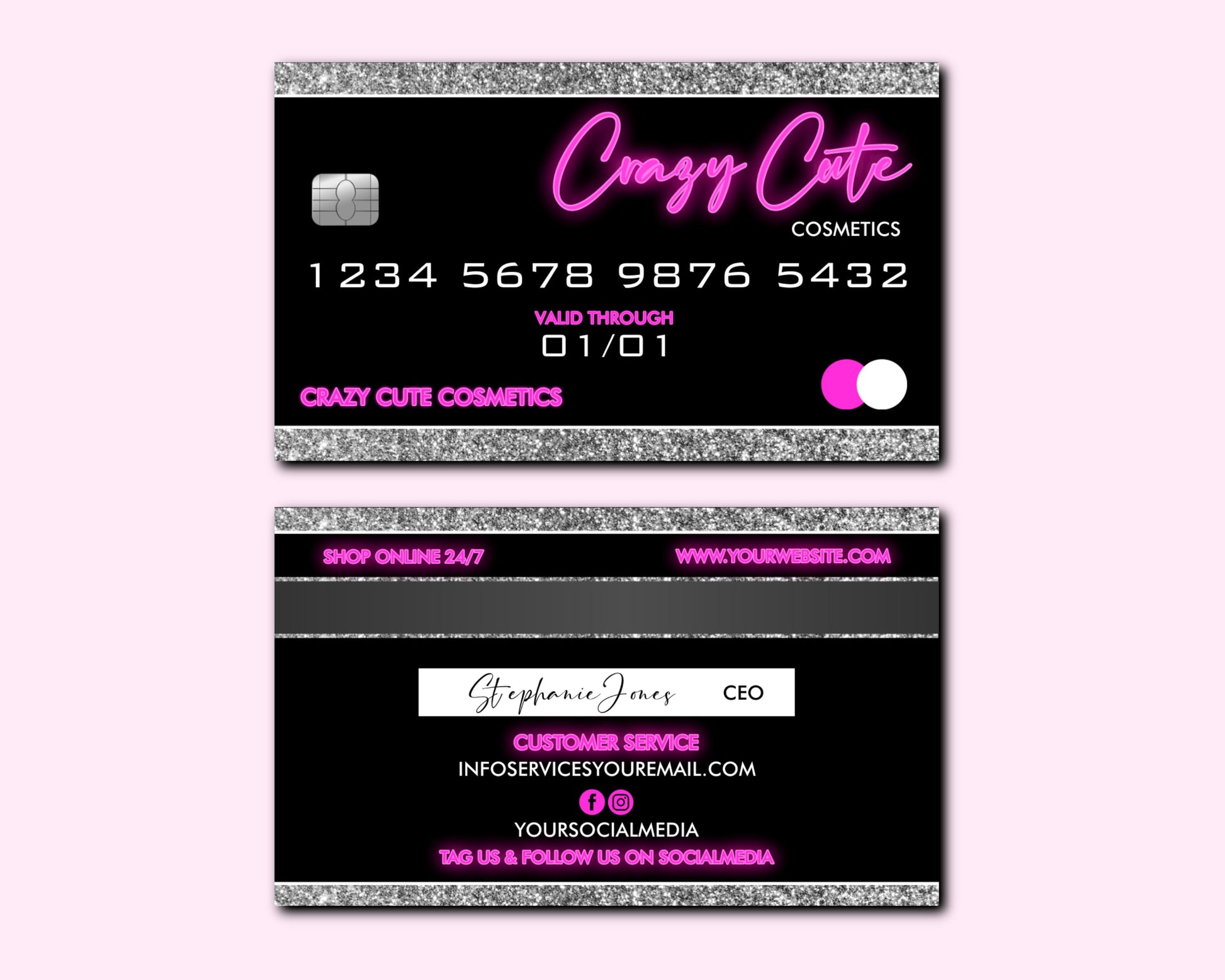 DIY Credit Card Business Cards, Business Card Design, Neon Beauty Brand Cards, Card Design, Premade Template Design