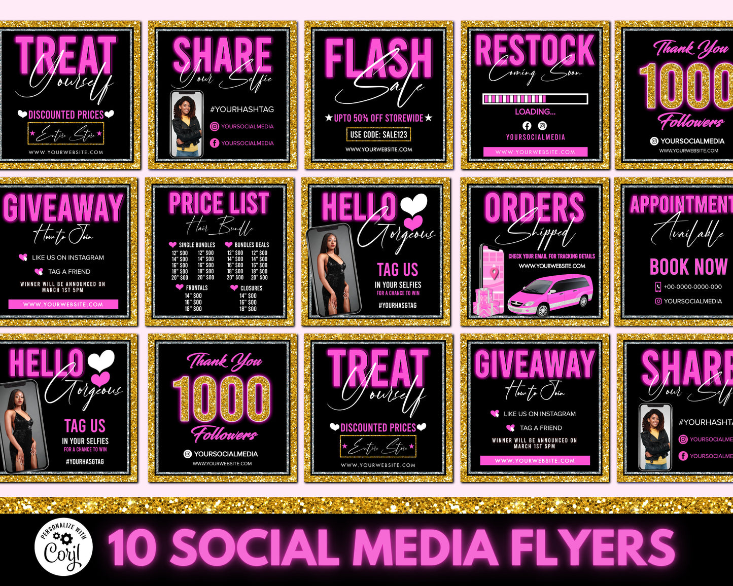 social media flyer, diy flyer design template, hair bundle flyer, neon flyer, beauty flyers, instagram flyer, premade business flyer set