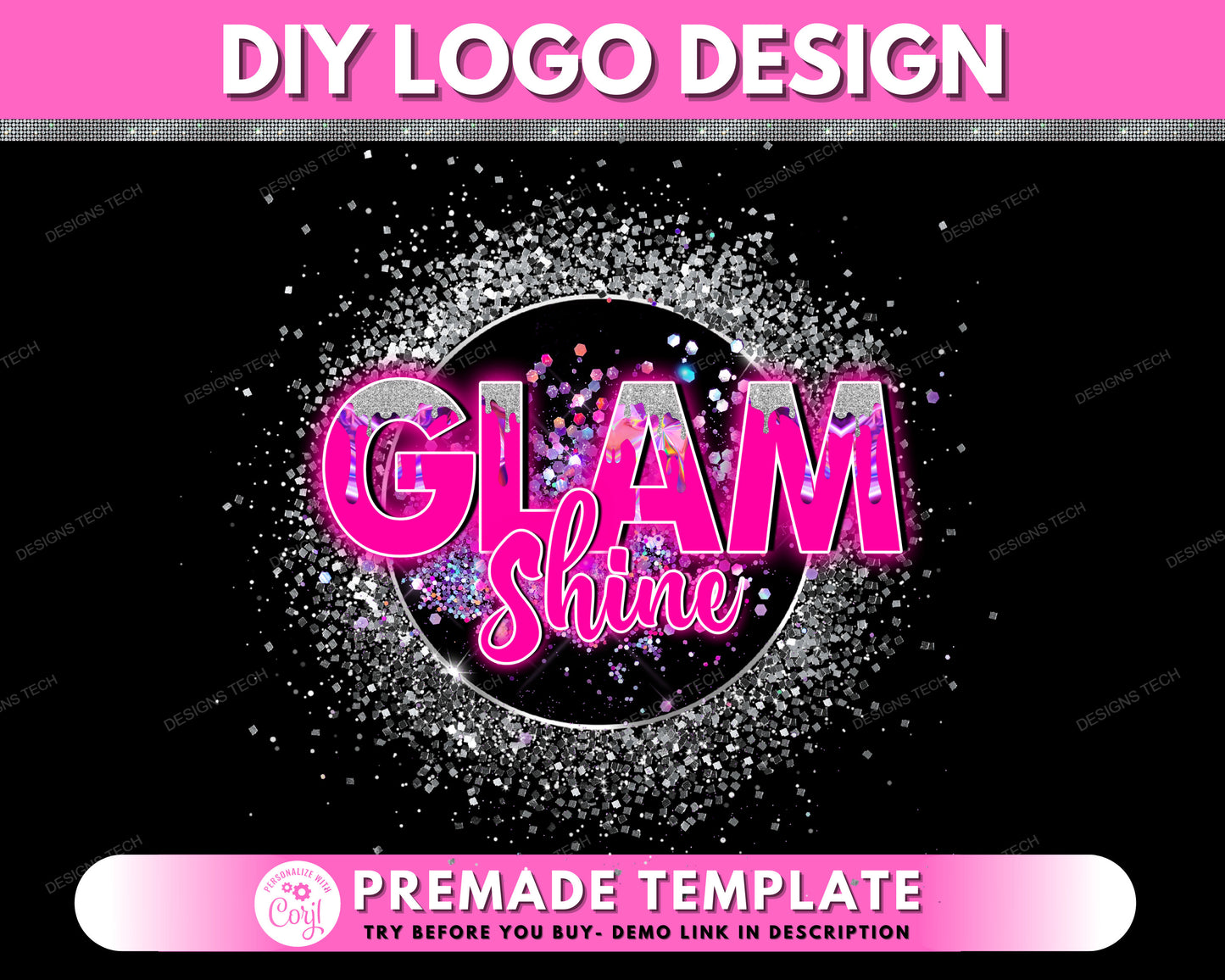 diy beauty logo, pink neon logo, glitter logo, makeup artist logo, hair logo, salon logo, premade business logo design template