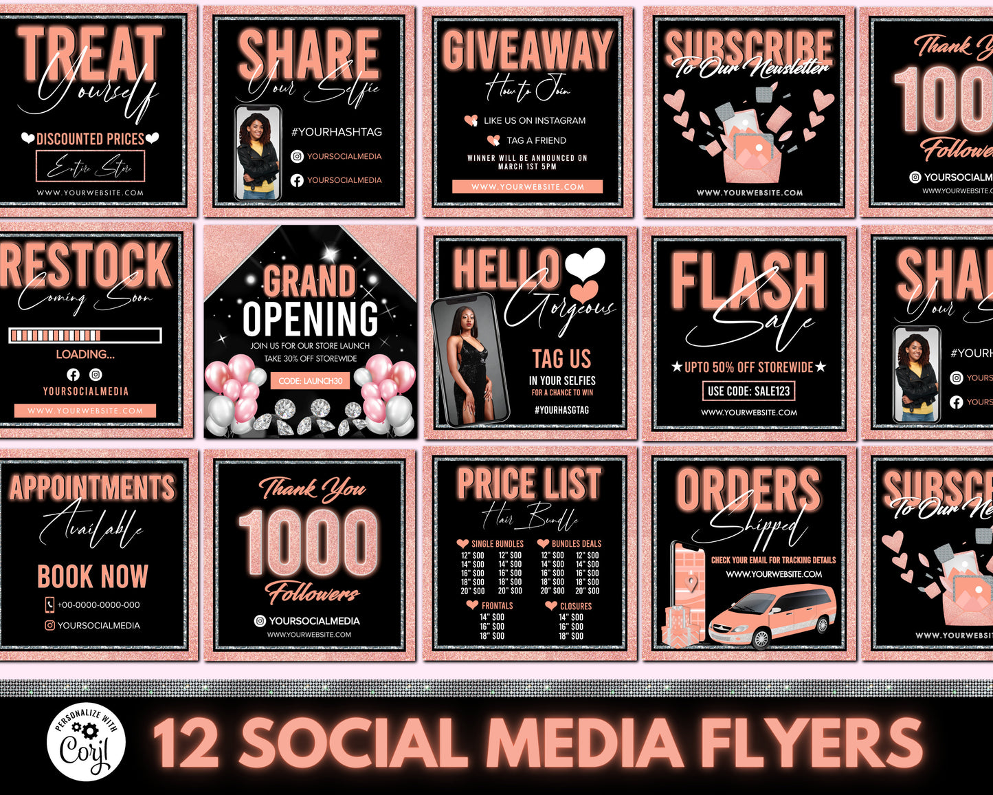 social media flyer, diy flyer design template, hair bundle flyer, rose gold neon flyer, beauty flyers, instagram flyer, business flyer set