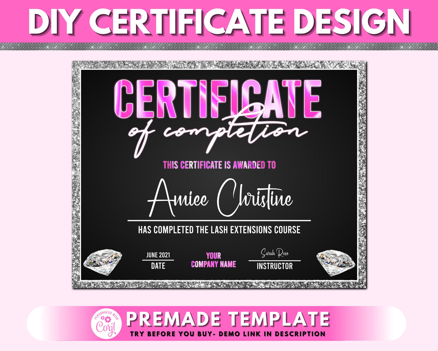 diy certificate of completion template, lash training certificate, printable beauty nails course certificate, premade completing award