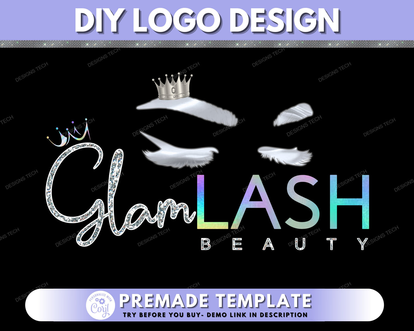 diy lash logo, eyelashes logo, lashes logo, holographic eyelashes logo, lash technician logo, premade lash business logo design template