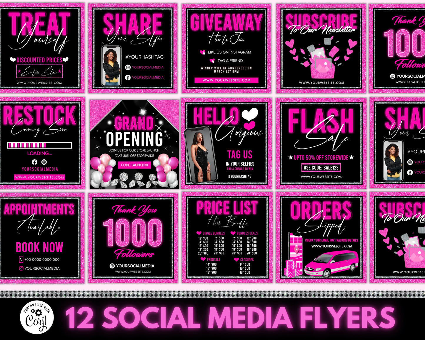 social media flyer, diy flyer design template, hair bundle flyer, neon flyer, beauty flyers, instagram flyer, premade business flyer set