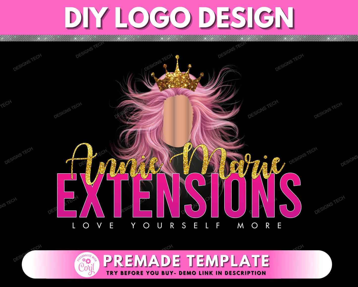 diy hair logo, edit yourself beauty logo, hair extensions logo, hair bundles logo, pink hair salon logo, wigs logo, premade logo template