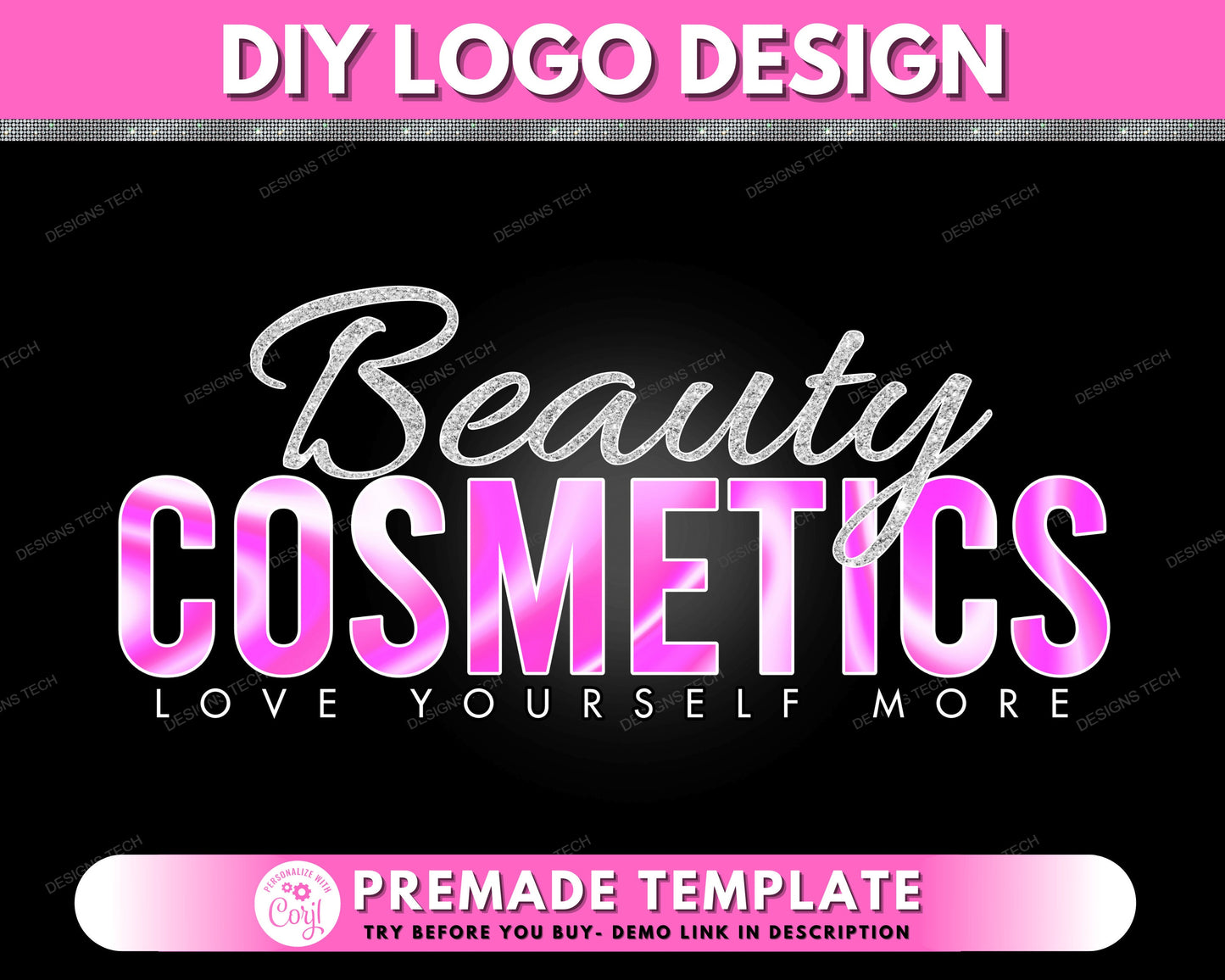 diy logo, boutique logo, beauty logo, fashion logo, hair logo, makeup artist logo, pink holographic premade business logo design template