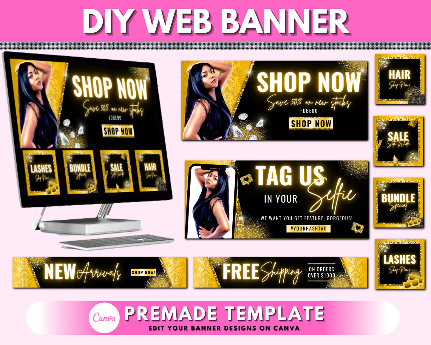 web banner, boutique website banners, gold beauty web banner template, shopify web banner, hair lash web banner, business site banner design