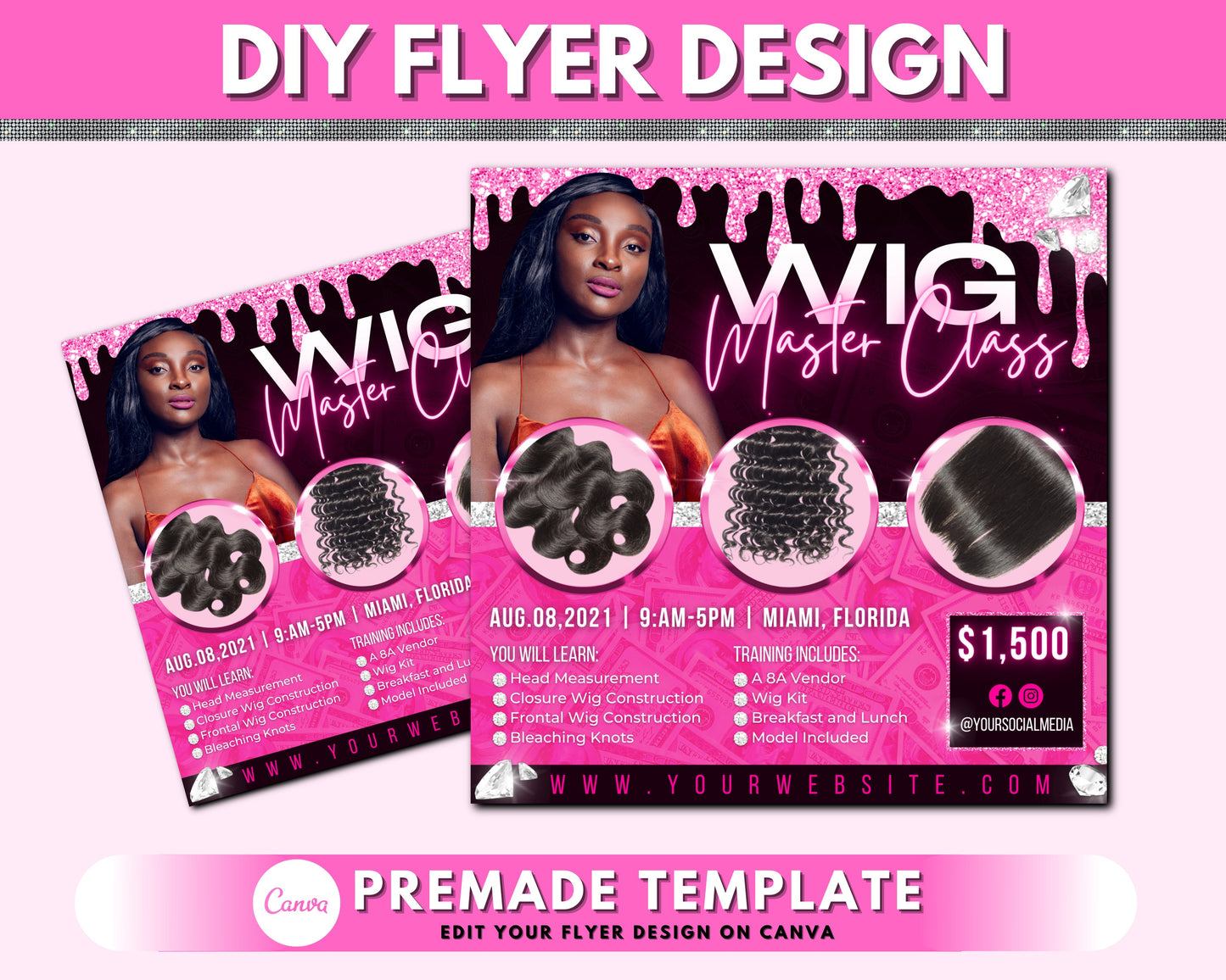 hair flyer, wig class flyer, hair extension training flyer, hands-on hair course training academy flyer, premade diy flyer template design