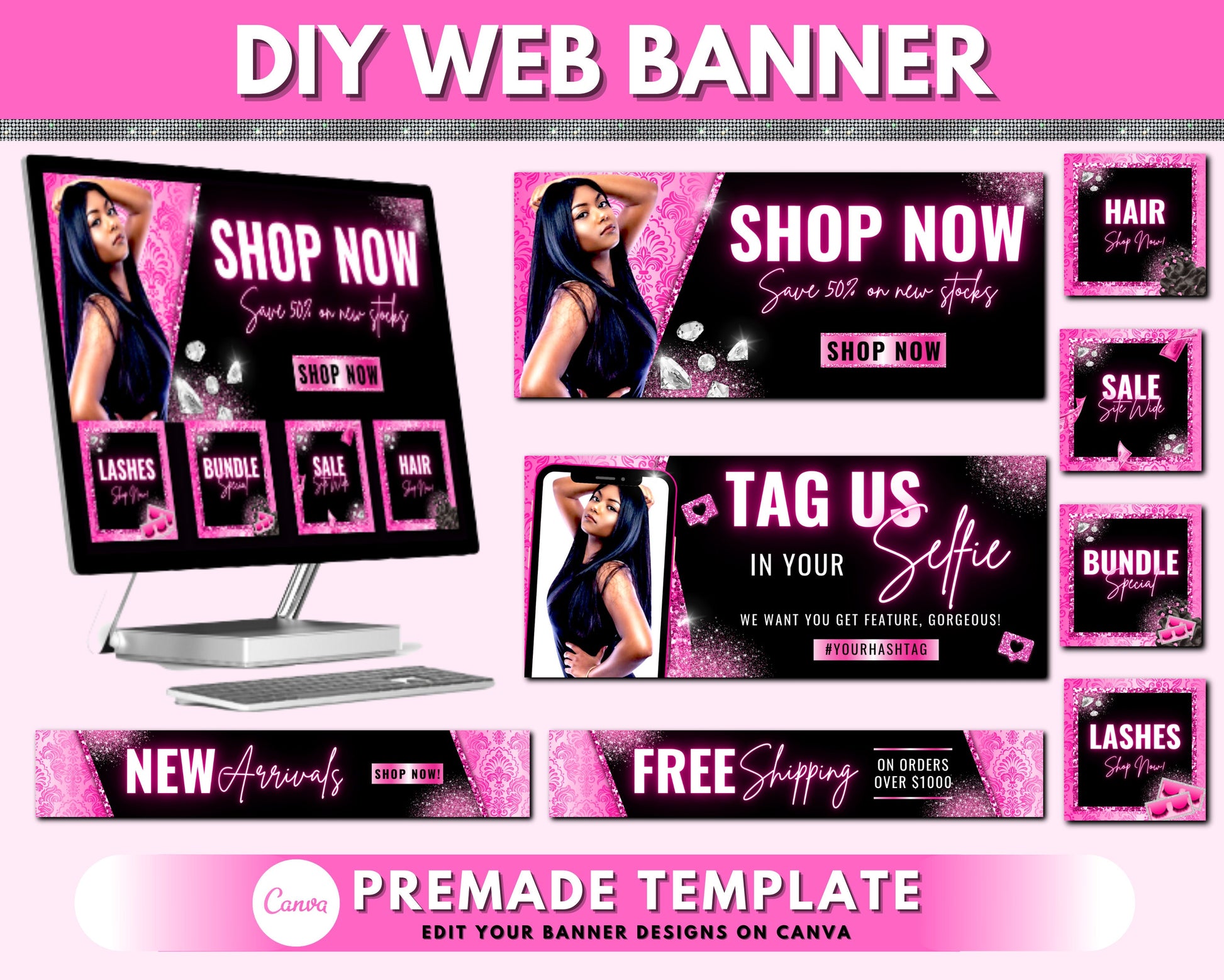 Web Banner, Boutique Website Banners, Beauty Web Banner Template, Shopify Web Banner, Hair Lash Web Banner, Business Site Banner Design