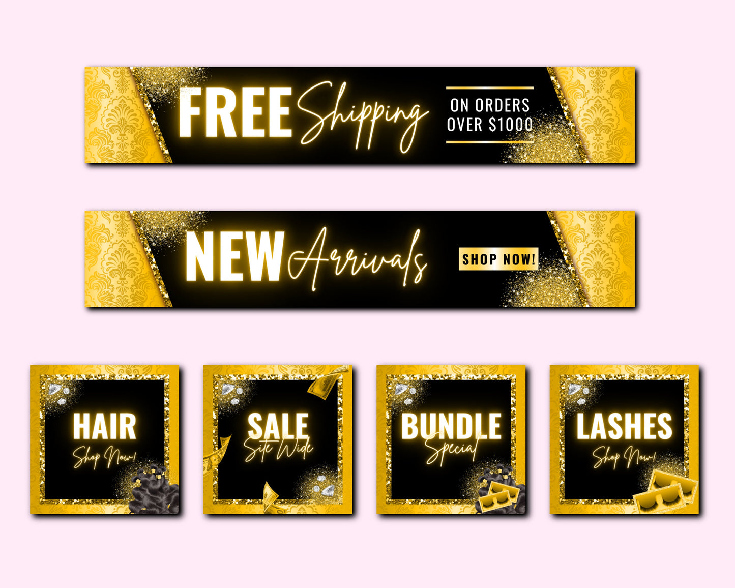 web banner, boutique website banners, gold beauty web banner template, shopify web banner, hair lash web banner, business site banner design