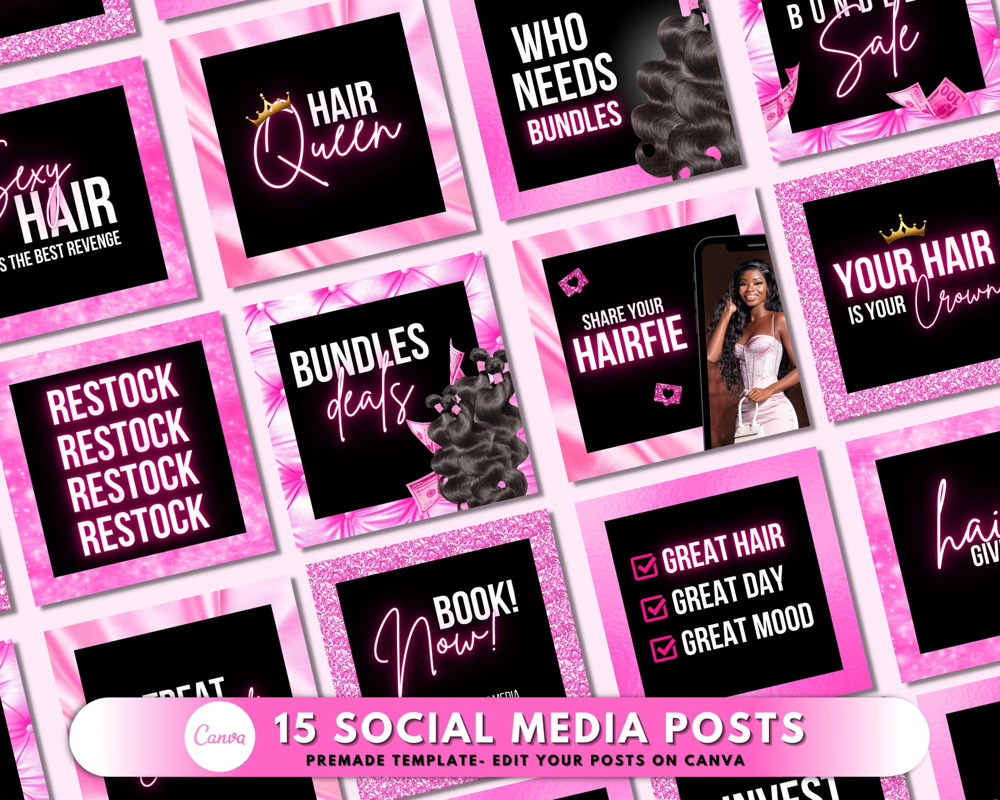 15 Social Media Posts Bundle, DIY Flyer Design, Hair Flyer Posts, Hair Bundle Posts, Beauty Post, Premade Posts Business Bundle Template