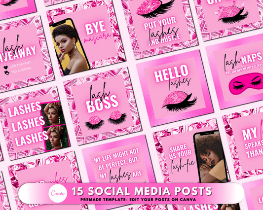 15 Social Media Posts Bundle, Lash Posts, Eyelash Flyer, Lashes Technician Flyer, Beauty Makeup Posts, Premade Posts Business Template