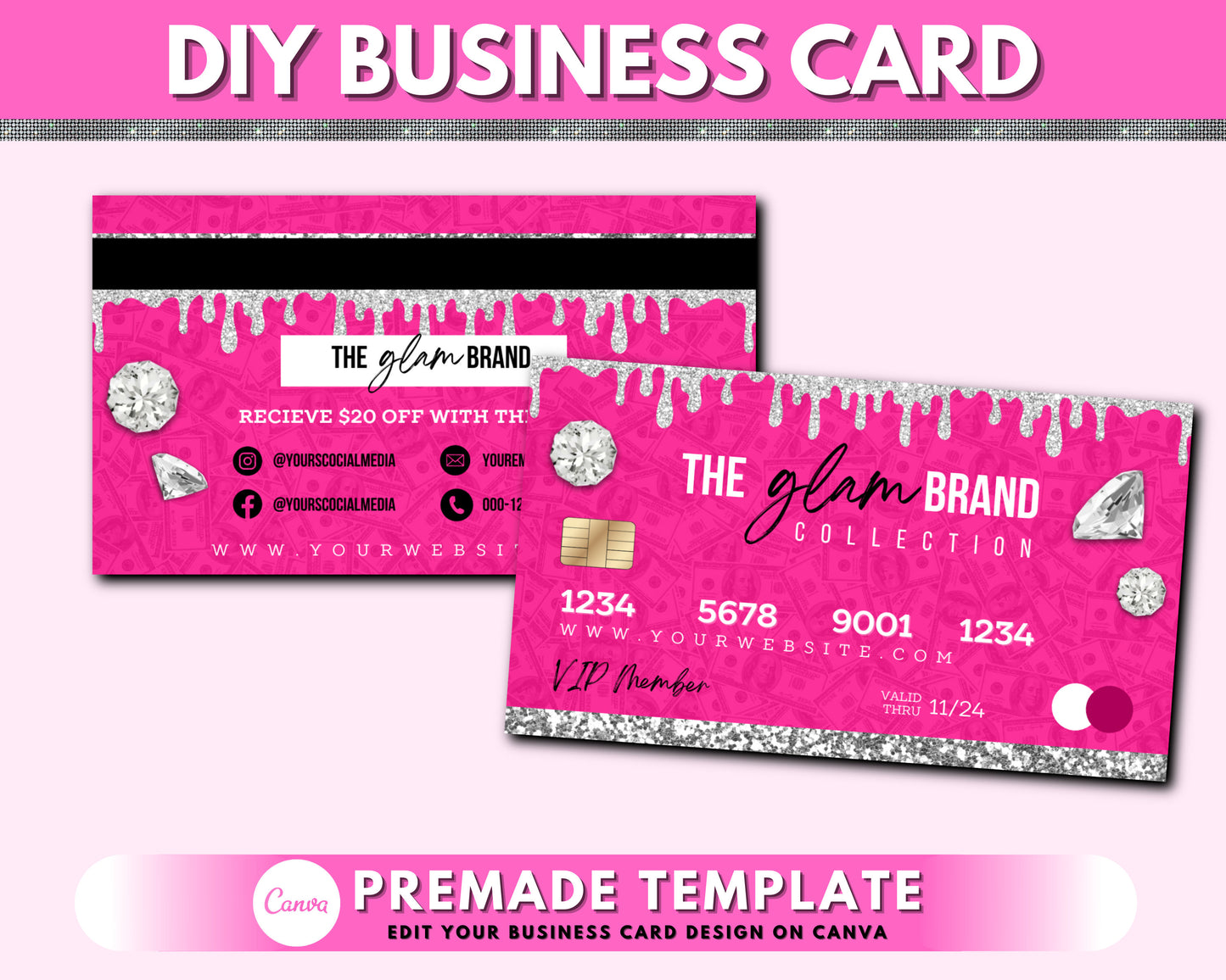 credit card business cards, diy business card design, cash business card, pink beauty brand cards, card design, premade template design