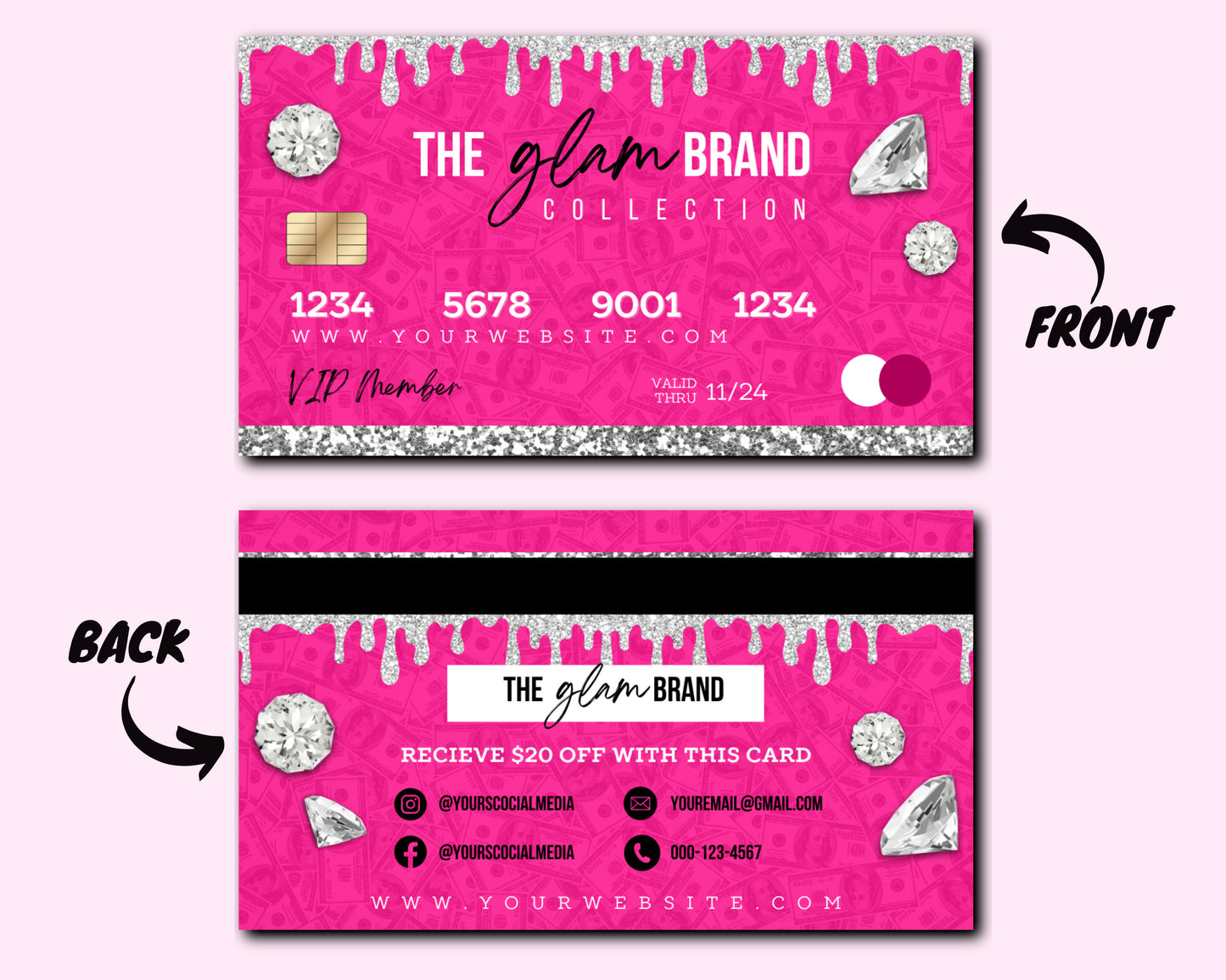 credit card business cards, diy business card design, cash business card, pink beauty brand cards, card design, premade template design