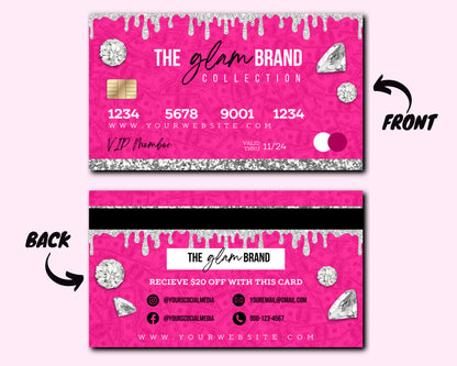 Credit Card Business Cards, DIY Business Card Design, Cash Business Card, Pink Beauty Brand Cards, Card Design, Premade Template Design