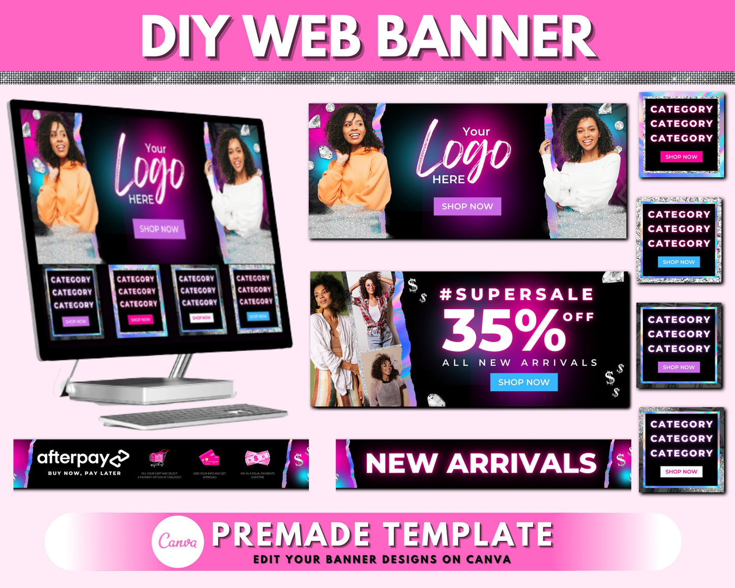 web banner, boutique website banners, beauty web banner template, shopify web banner, hair lash holographic business site banner design