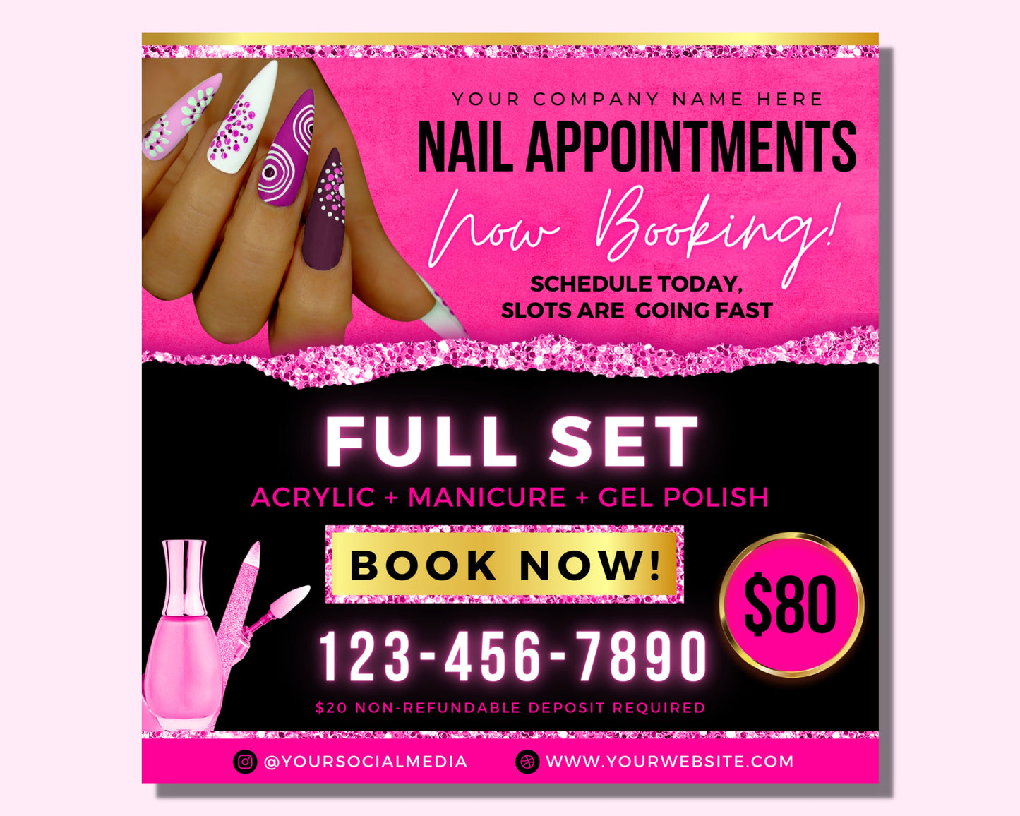 nail appointment flyer, diy flyer design template, nail training flyer, nail class flyer, booking flyer, premade business flyer template