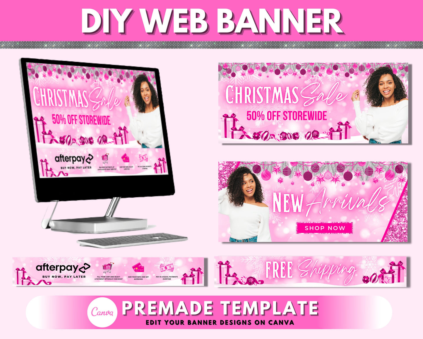 christmas web banner, pink website banners, xmas web banner, holiday web banner, shopify web banner, hair business site banner design