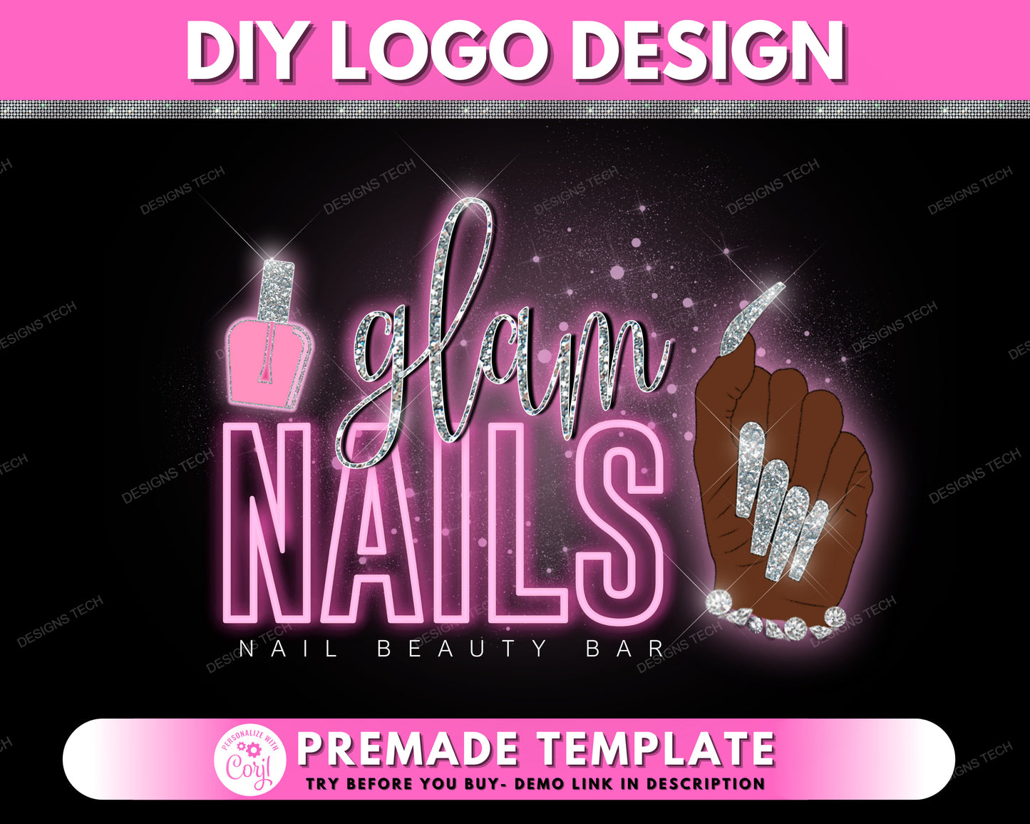 nail logo, diy logo design template, nails logo, pink neon logo, beauty logo, nail polish logo, makeup salon bar logo, premade business logo