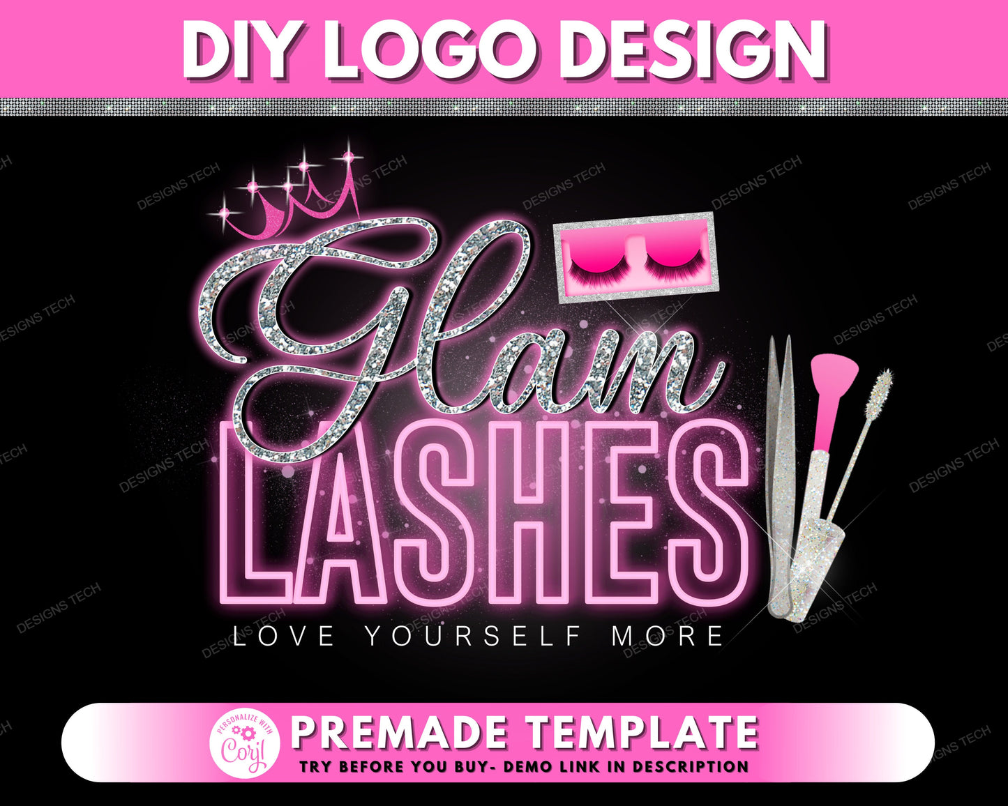 lash logo, diy logo design template, eyelash logo, pink neon logo, lashes logo, lash extension logo, makeup logo, premade business logo