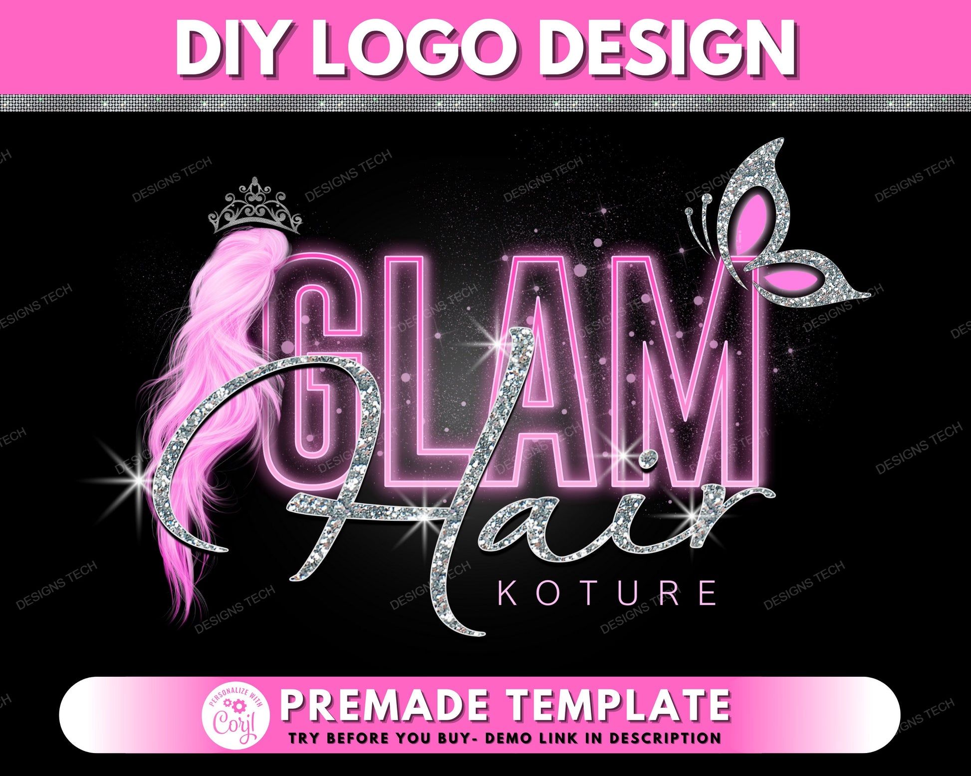 Hair Logo, DIY Logo Design Template, Butterfly Logo, Hair Salon Business, Branding Hair Bundles Logo, Pink Neon Logo, Premade Business Logo