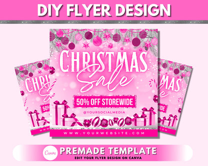 Christmas Sale Flyer, DIY Flyer Template Design, Pink Holiday Flyer, Xmas Flyer, Event Hair Flyer, Premade Business Social Media Flyer