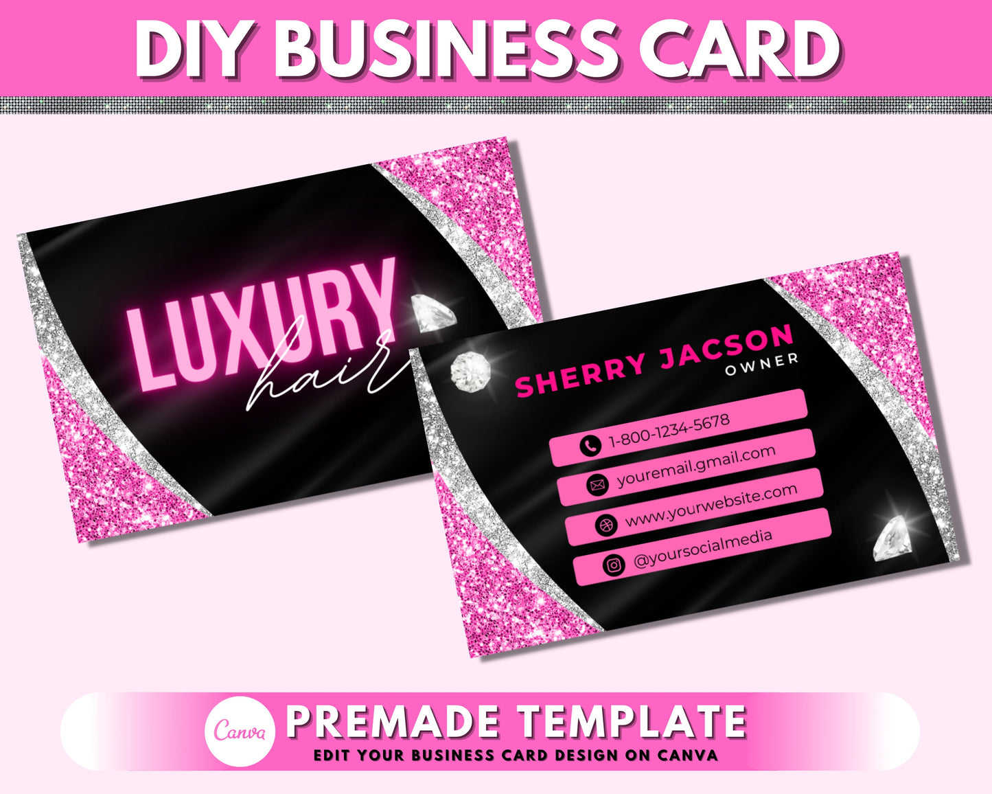 business cards, diy business cards design template, beauty boutique business card, hair business card, premade pink glitter business card