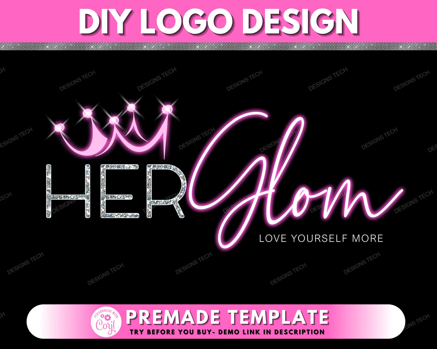 beauty logo, diy logo design template, pink neon logo, boutique logo, hair logo, fashion logo, crown logo, premade makeup business logo