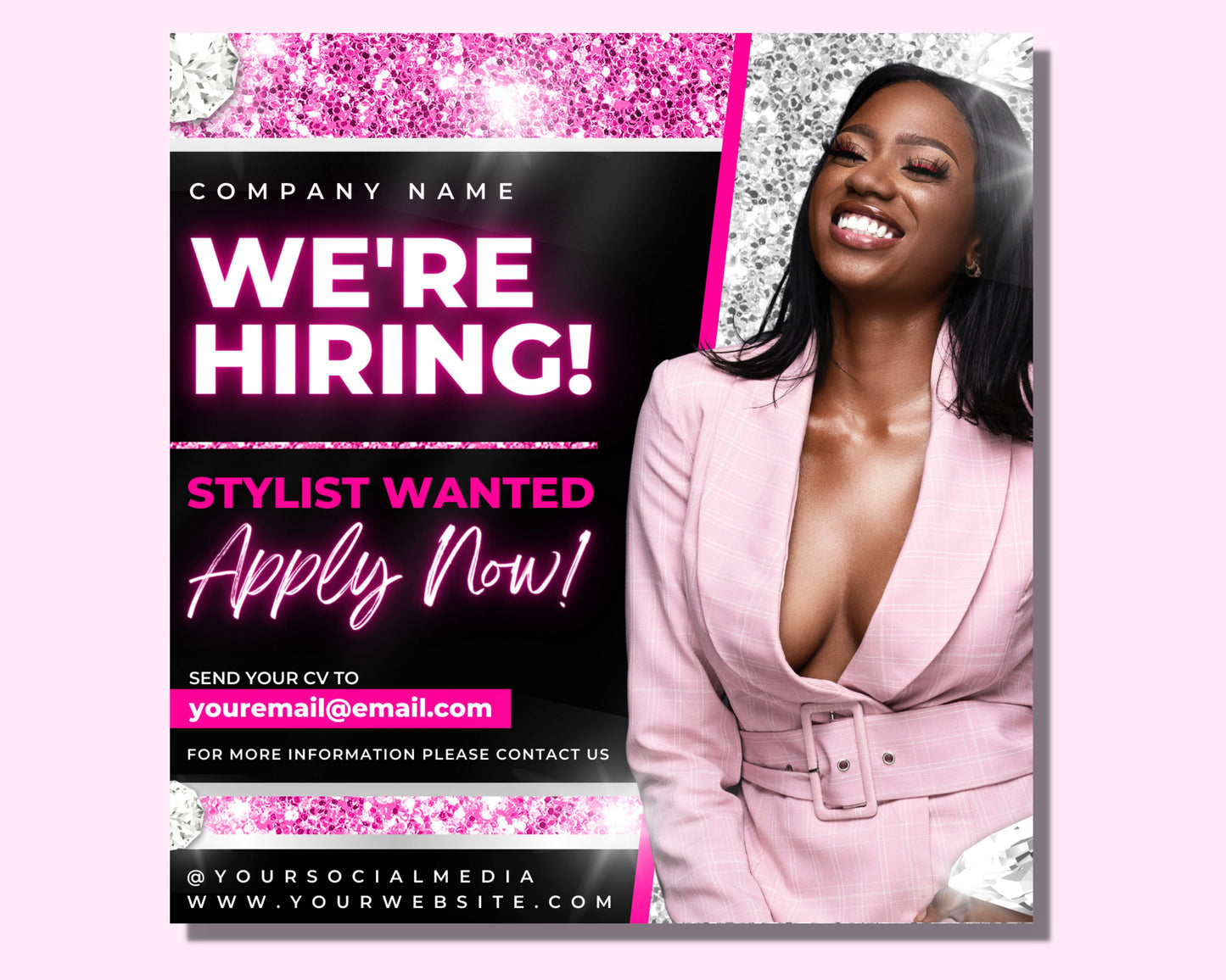 we're hiring flyer, diy flyer template design, now hiring flyer, stylist wanted flyer, hire flyer, business flyer, social media flyer