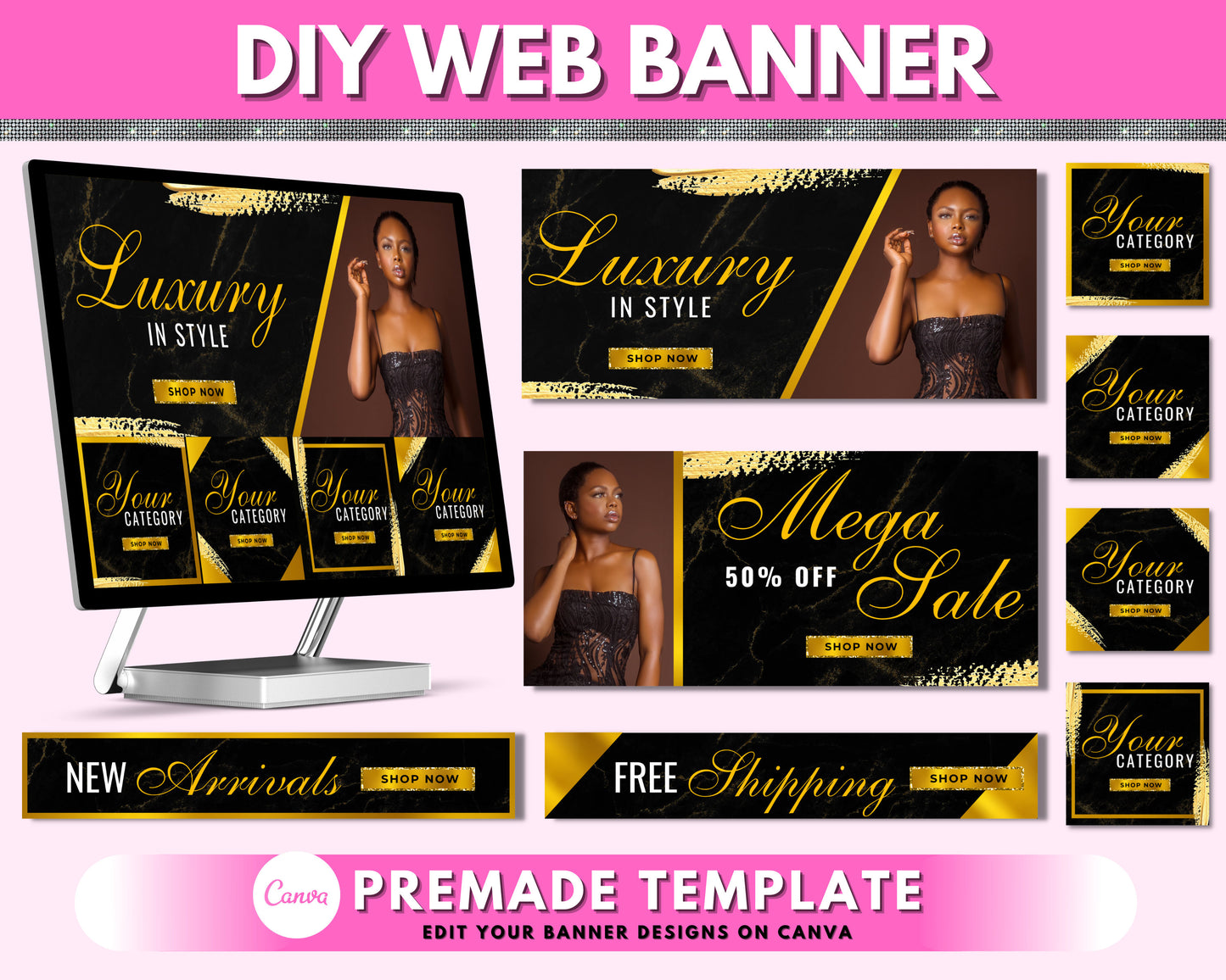 web banner, gold boutique website banners, beauty web banner template, wix or shopify web banner, hair web banner, business site banner