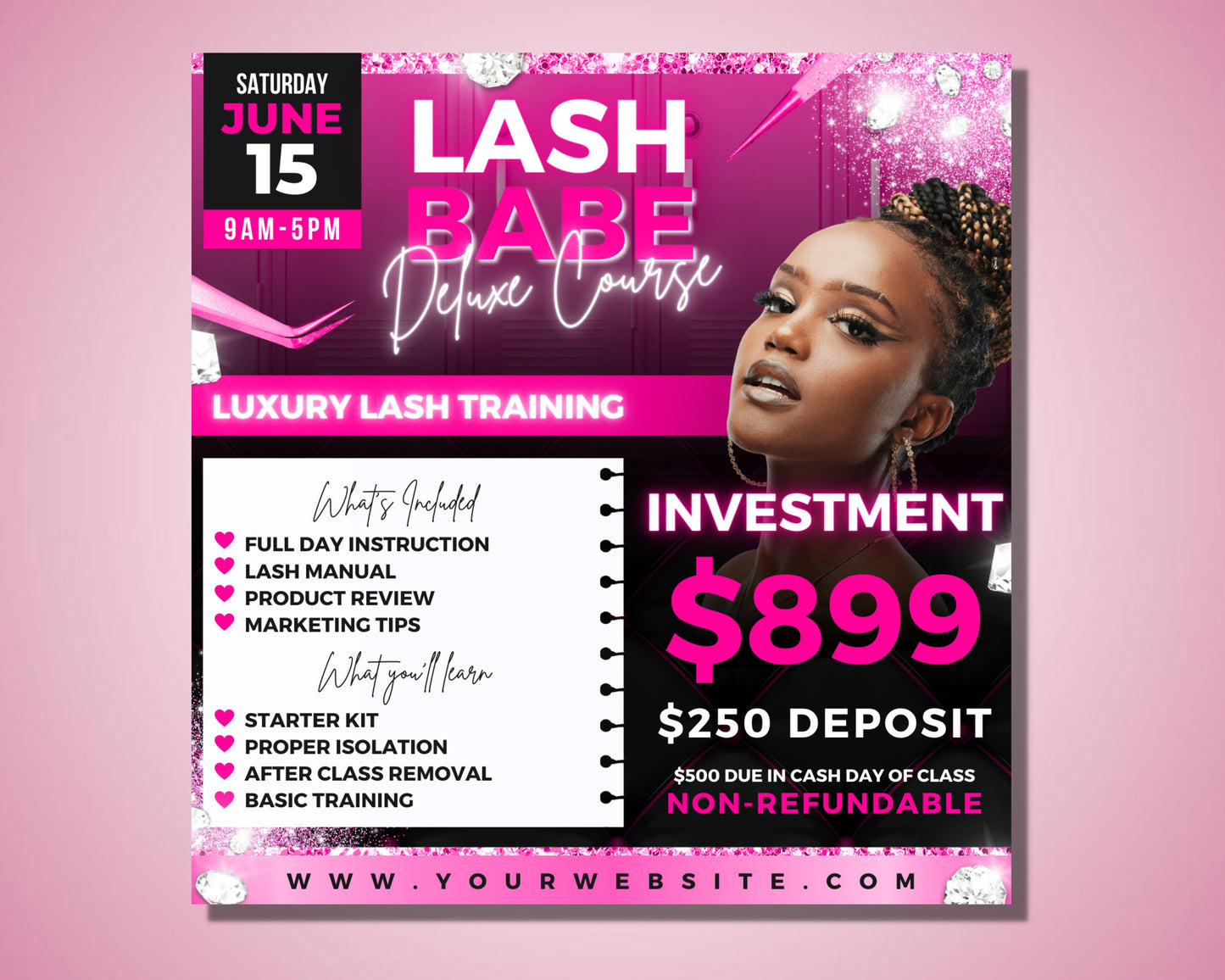 lash training flyer, diy flyer template design, lash course flyer, eyelash extension training class, lash makeup masterclass flyer